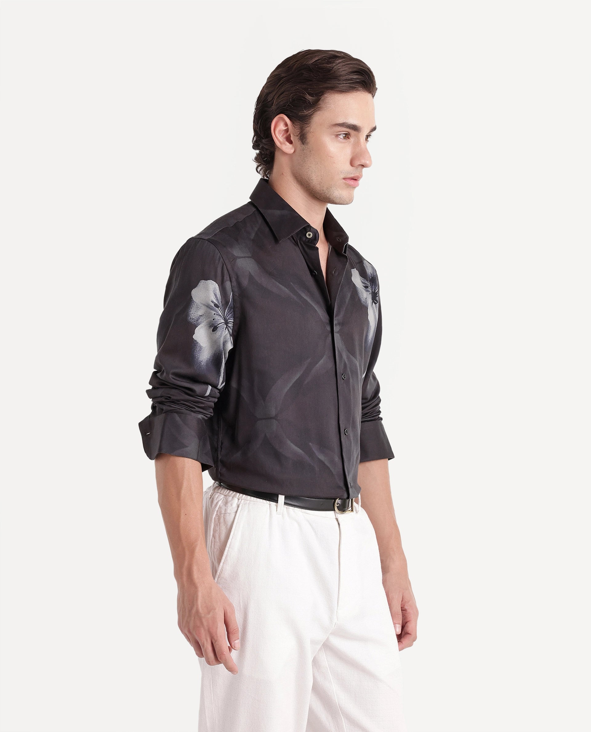 Rare Rabbit Men's Blet Dark Brown Cotton Blend Button Regular Fit Floral Print Shirt