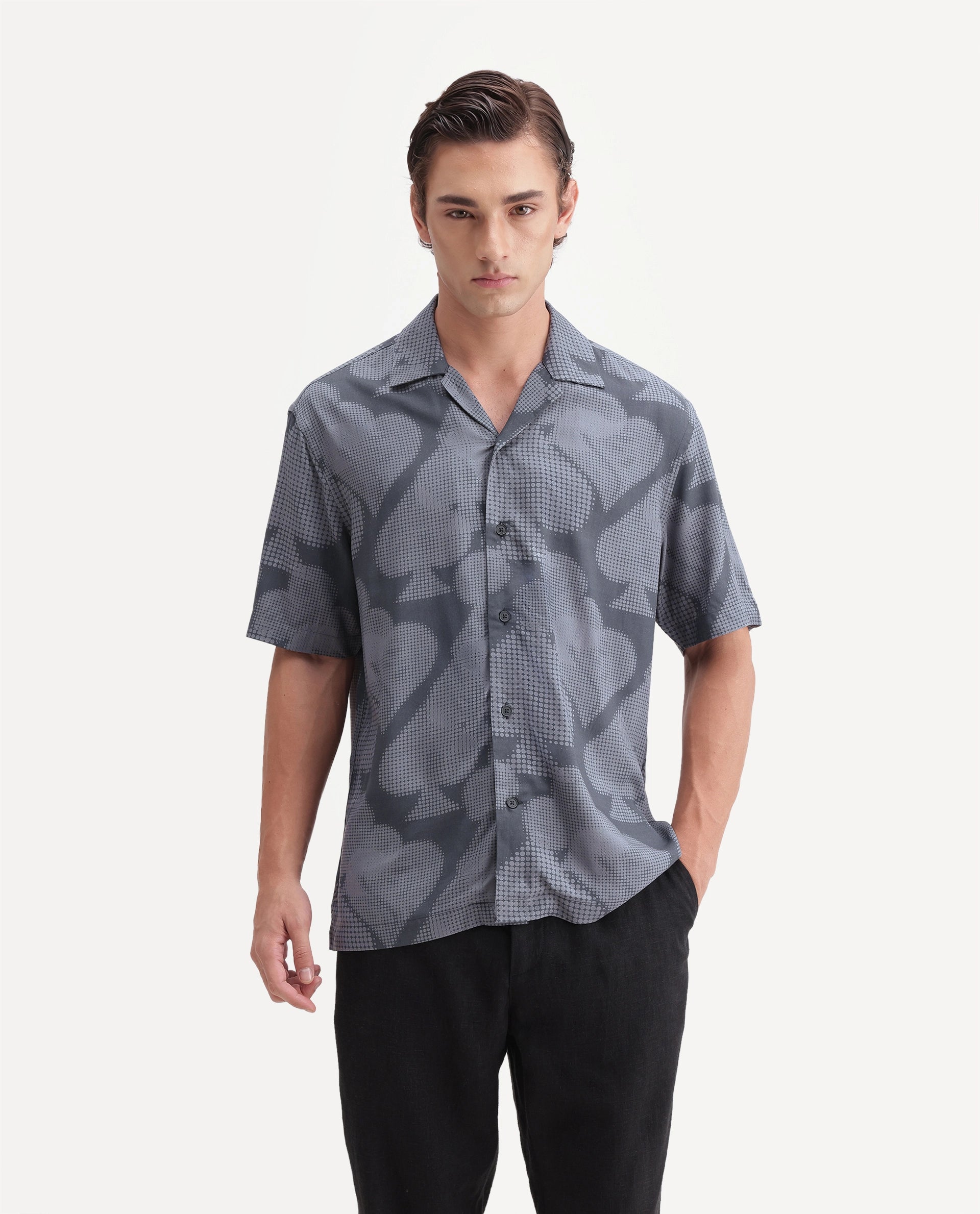 Rare Rabbit Men's Deck Black Cotton Button Regular Fit Cuban Collar Abstract Print Shirt