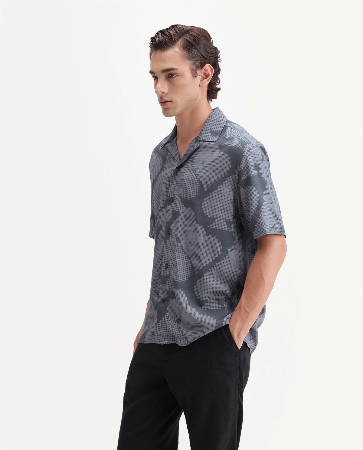 Rare Rabbit Men's Deck Black Cotton Button Regular Fit Cuban Collar Abstract Print Shirt