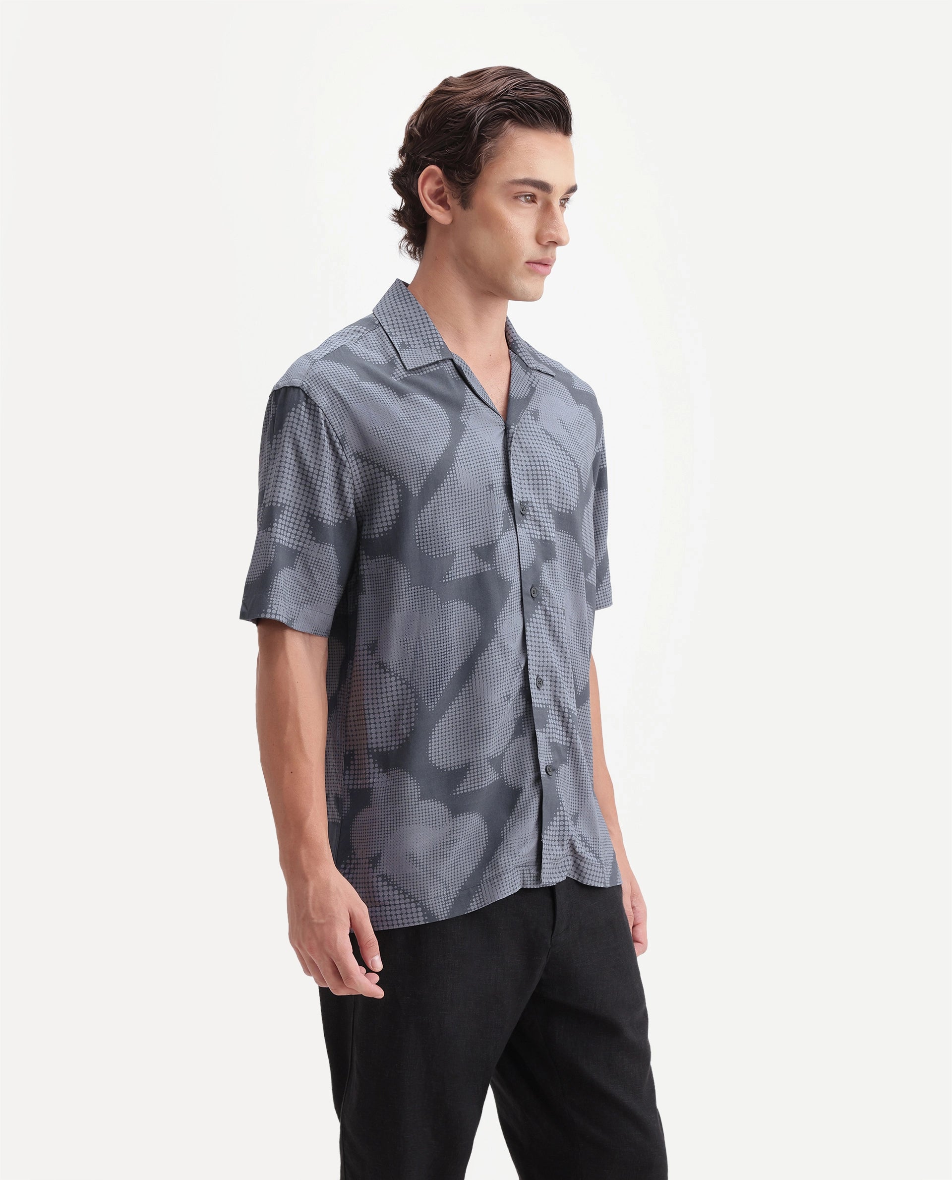 Rare Rabbit Men's Deck Black Cotton Button Regular Fit Cuban Collar Abstract Print Shirt