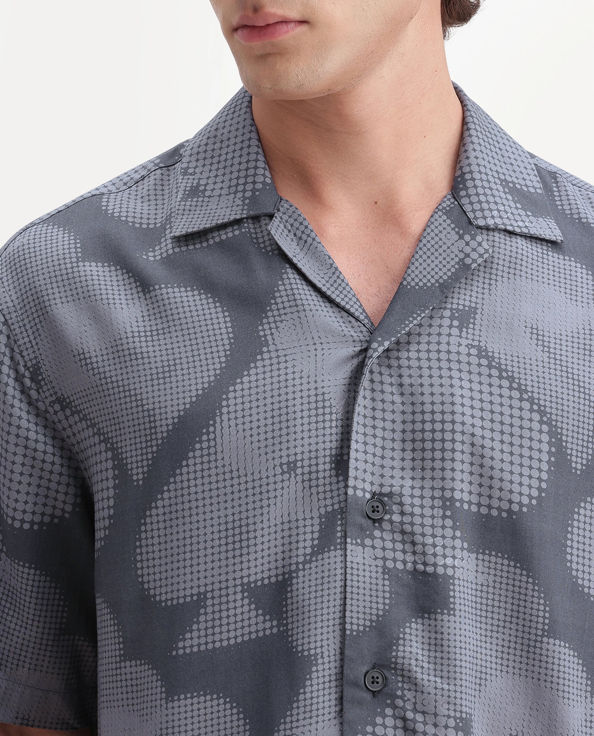 Rare Rabbit Men's Deck Black Cotton Button Regular Fit Cuban Collar Abstract Print Shirt