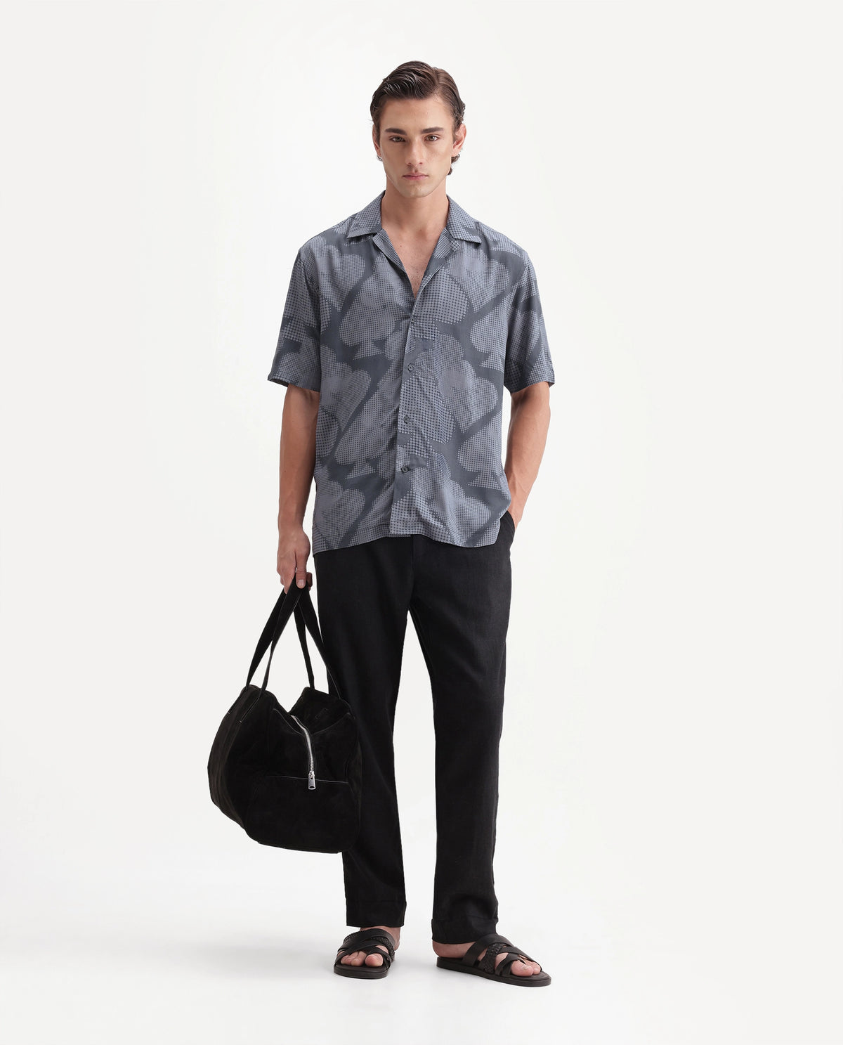 Rare Rabbit Men's Deck Black Cotton Button Regular Fit Cuban Collar Abstract Print Shirt