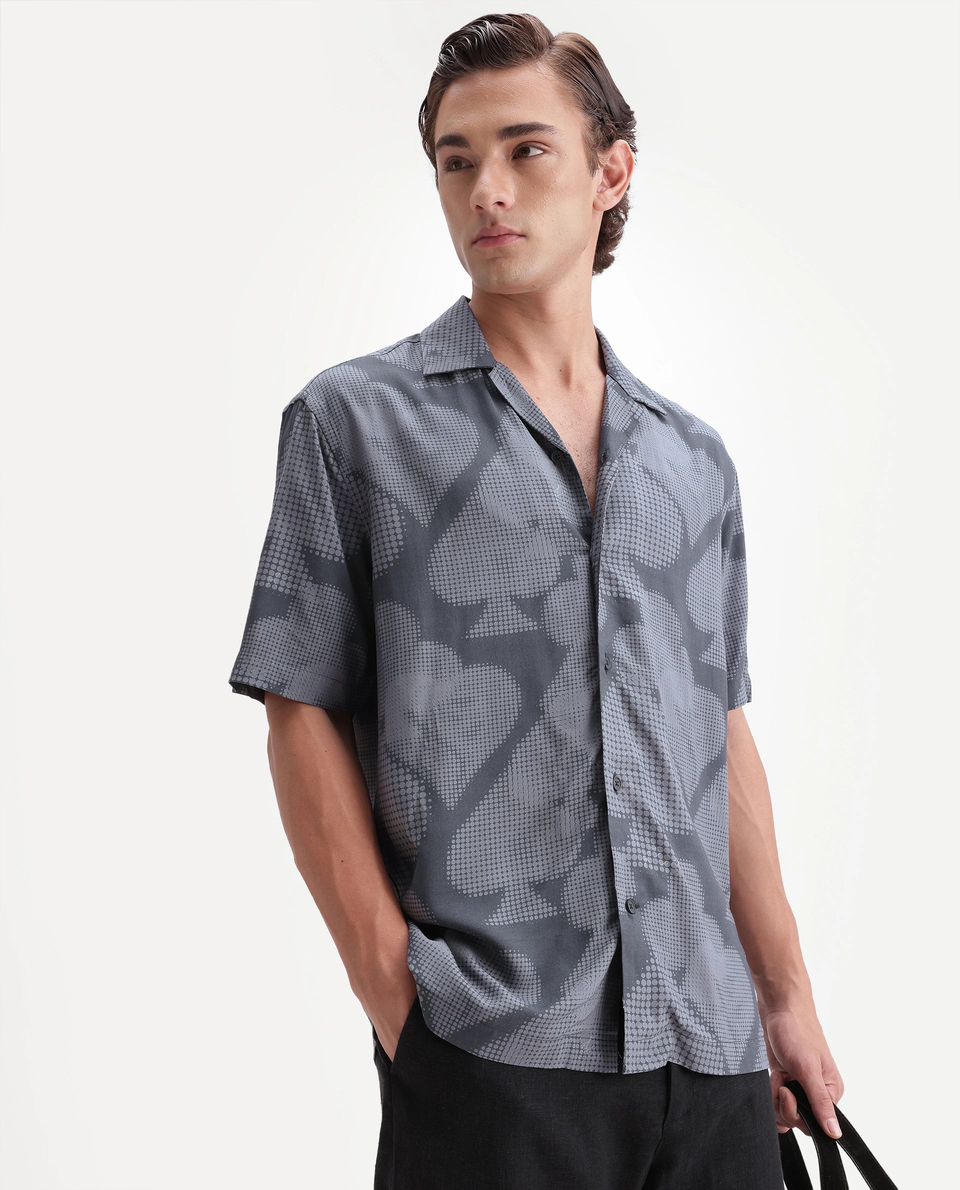 Rare Rabbit Men's Deck Black Cotton Button Regular Fit Cuban Collar Abstract Print Shirt
