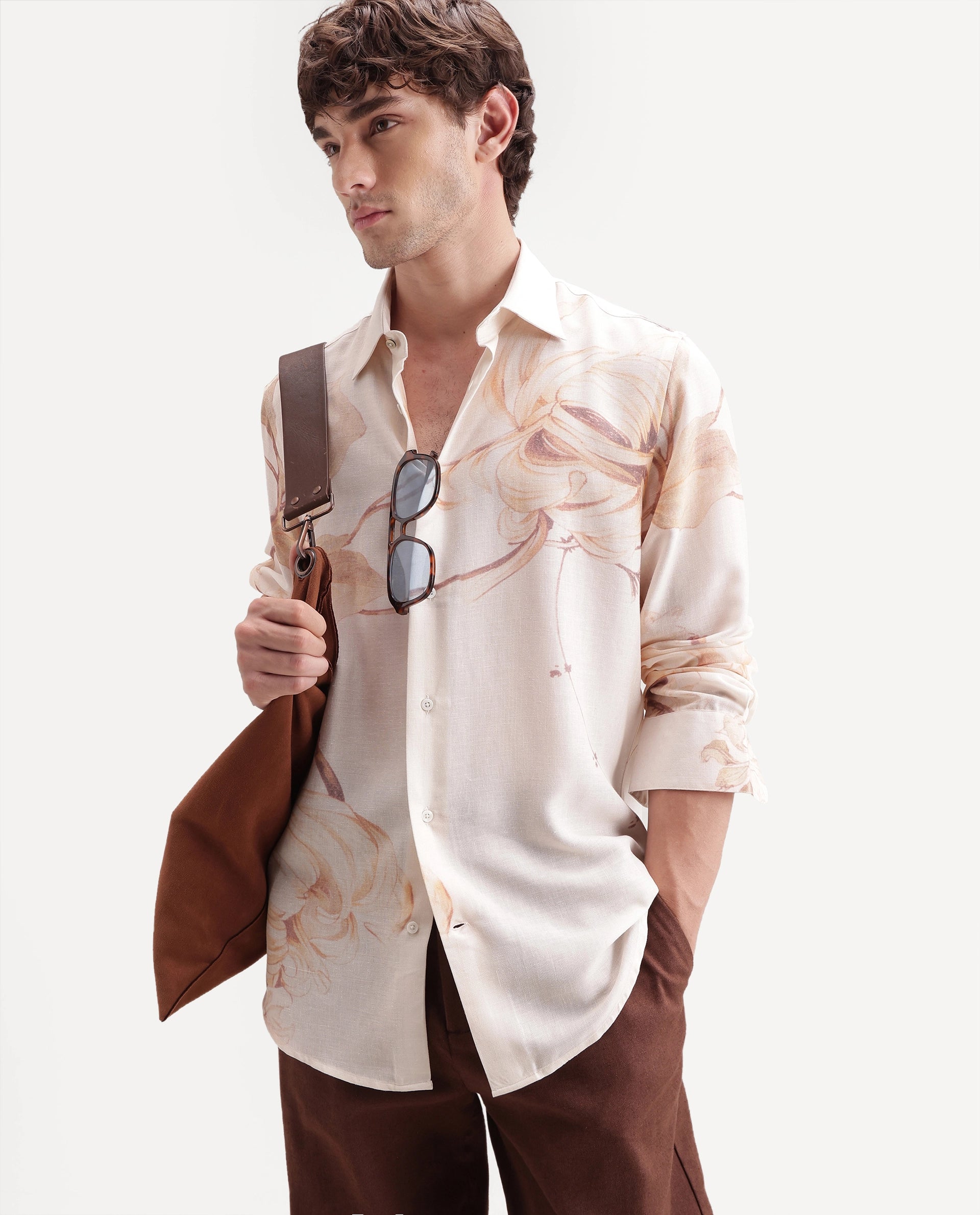 Rare Rabbit Men's Reep Off White Linen Blend Button Regular Fit Floral Print Shirt