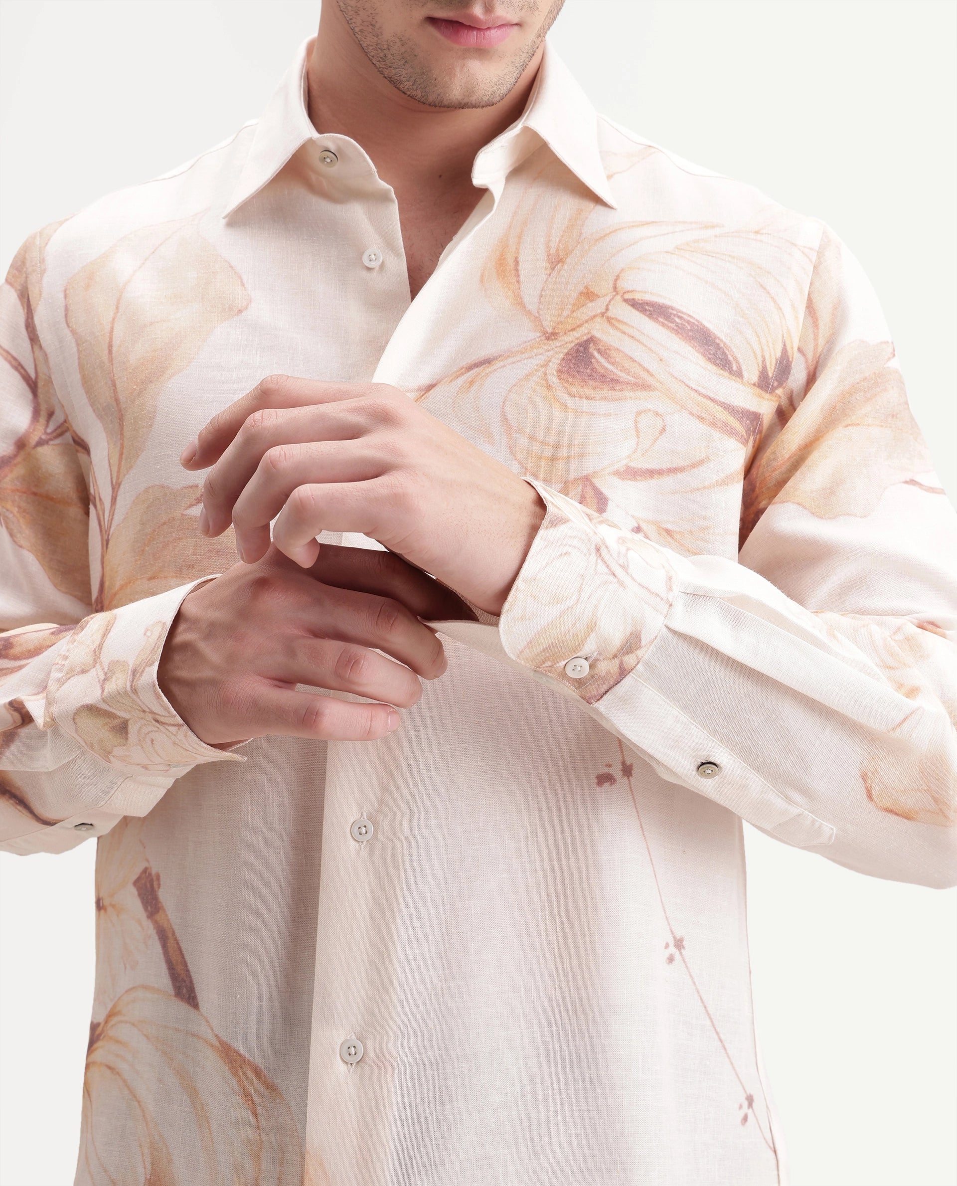 Rare Rabbit Men's Reep Off White Linen Blend Button Regular Fit Floral Print Shirt