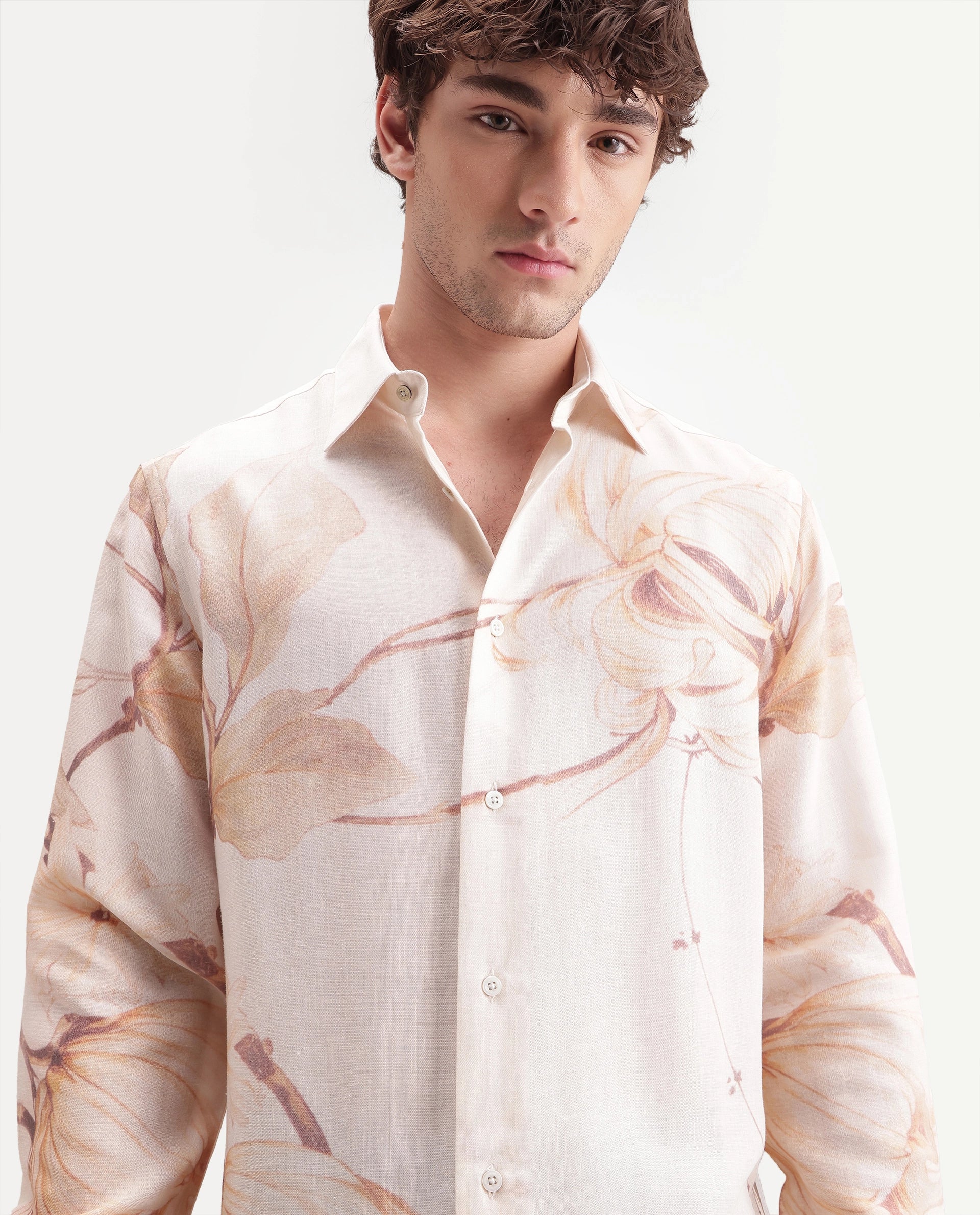 Rare Rabbit Men's Reep Off White Linen Blend Button Regular Fit Floral Print Shirt