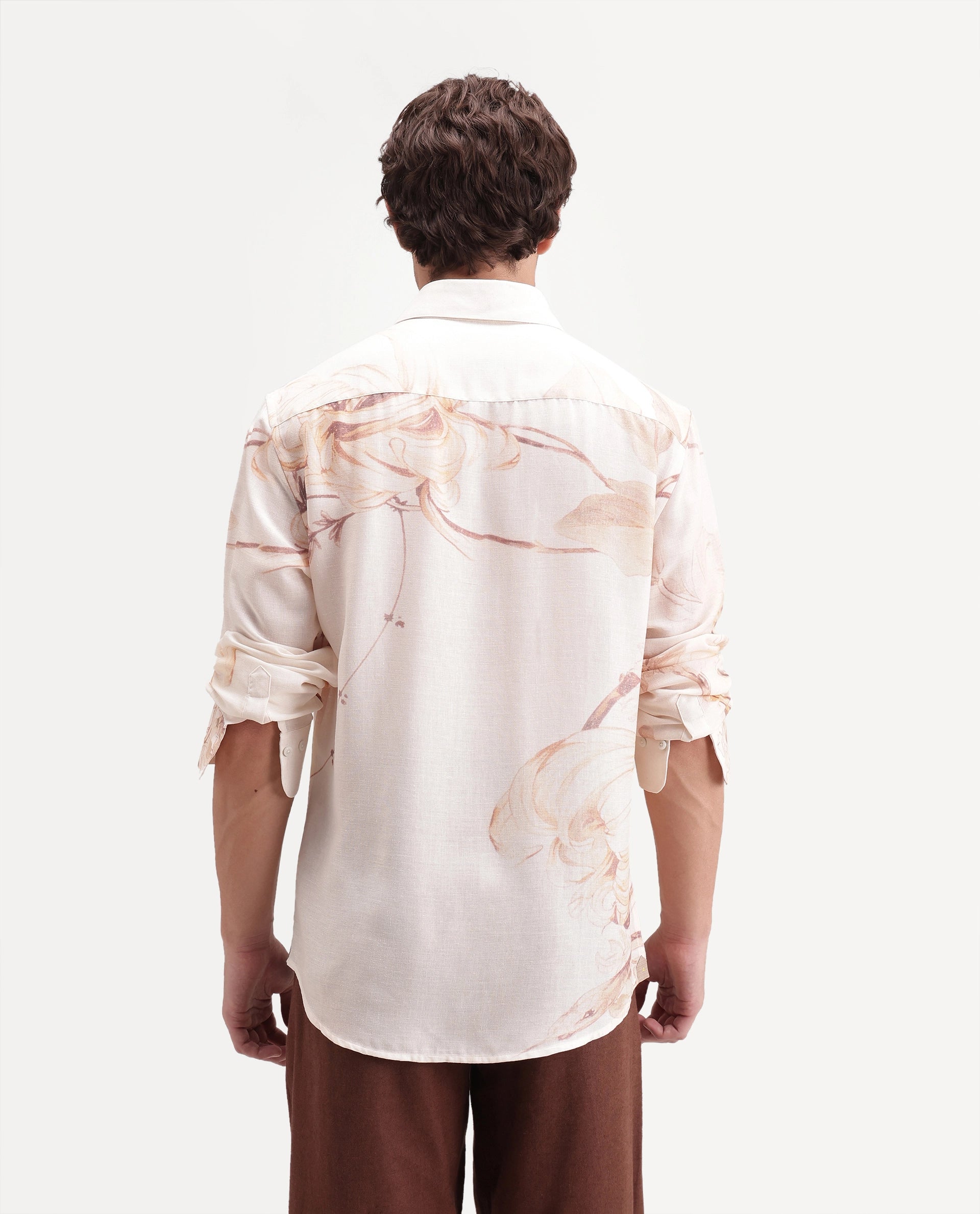 Rare Rabbit Men's Reep Off White Linen Blend Button Regular Fit Floral Print Shirt