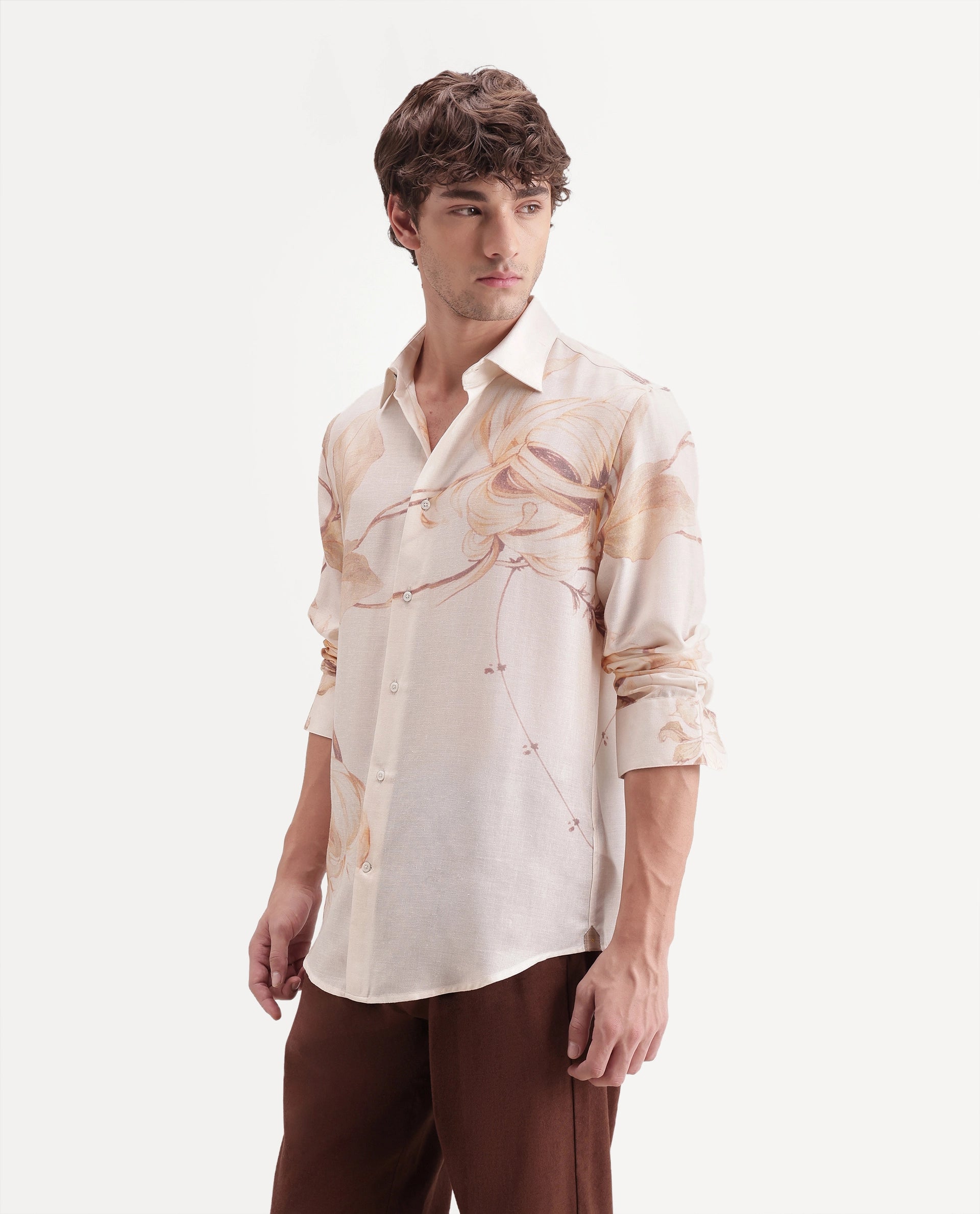 Rare Rabbit Men's Reep Off White Linen Blend Button Regular Fit Floral Print Shirt
