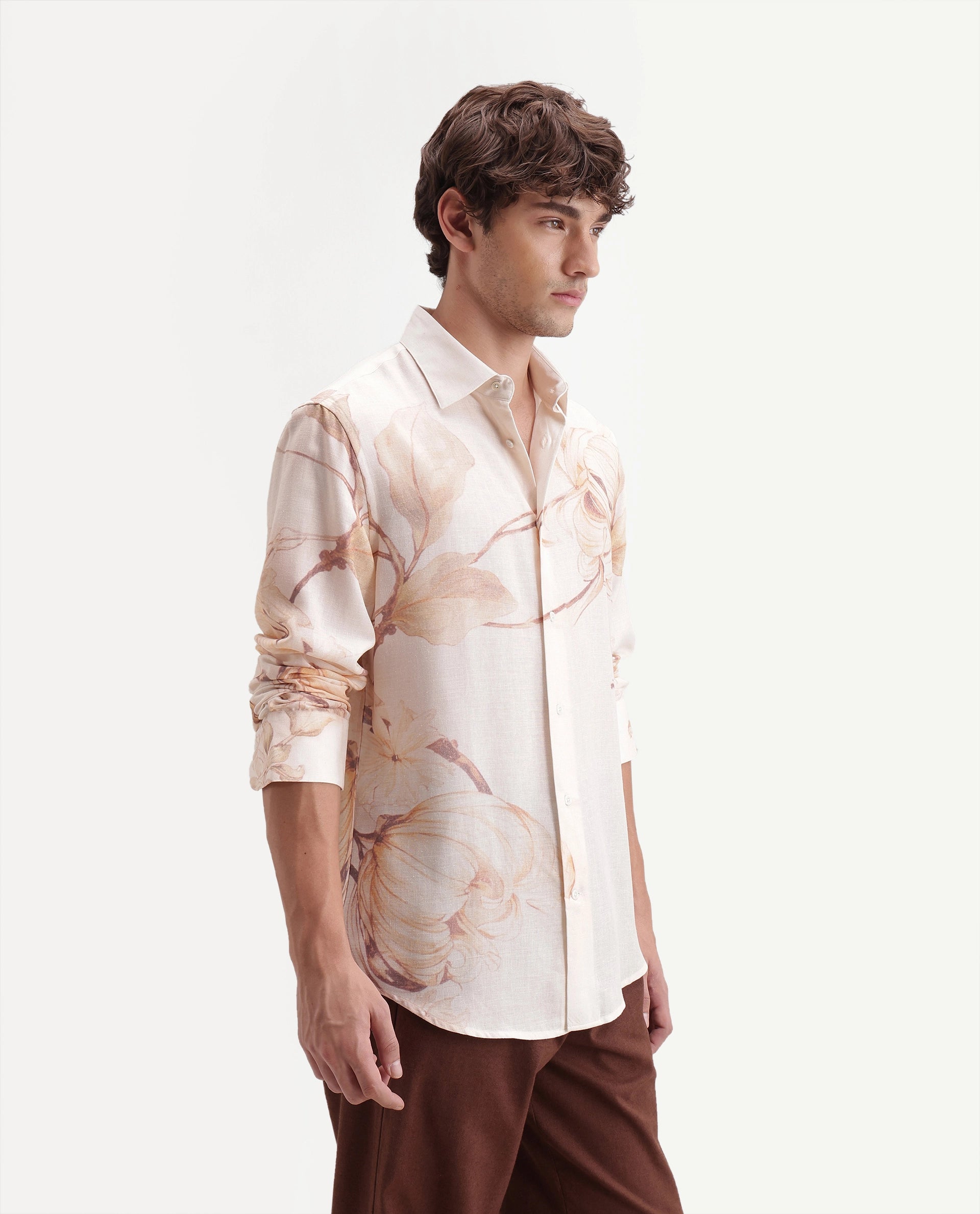 Rare Rabbit Men's Reep Off White Linen Blend Button Regular Fit Floral Print Shirt