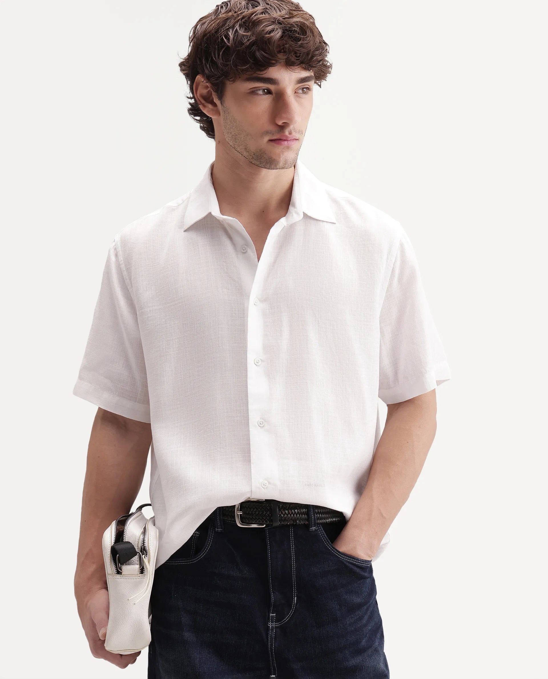 Rare Rabbit Men's Lyco Ss White Lyocell Button Regular Fit Plain Shirt