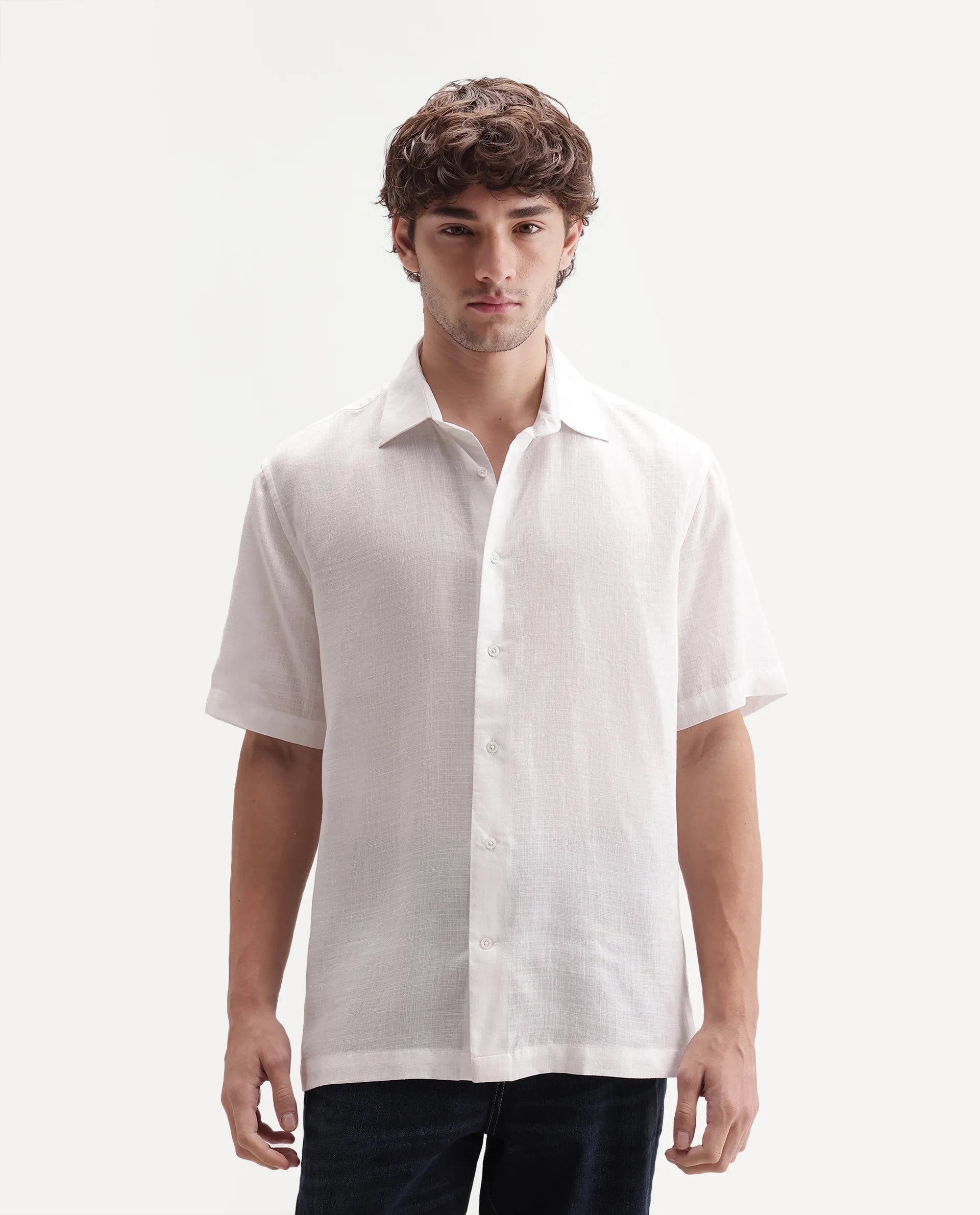Rare Rabbit Men's Lyco Ss White Lyocell Button Regular Fit Plain Shirt