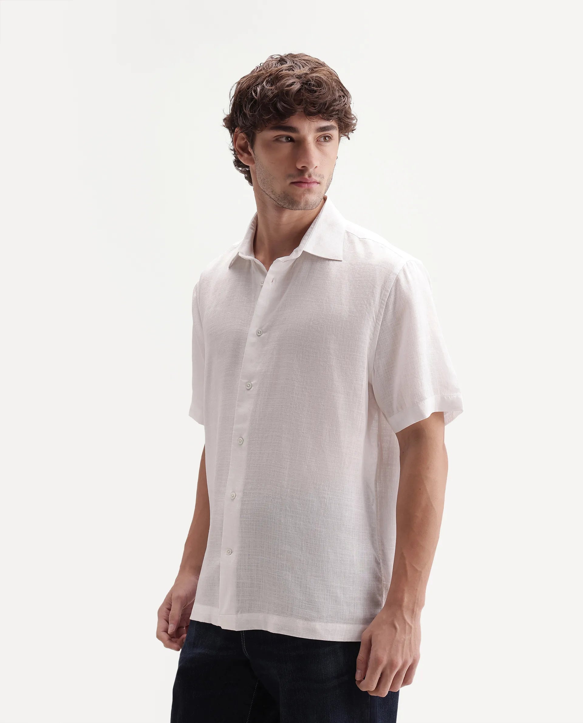 Rare Rabbit Men's Lyco Ss White Lyocell Button Regular Fit Plain Shirt