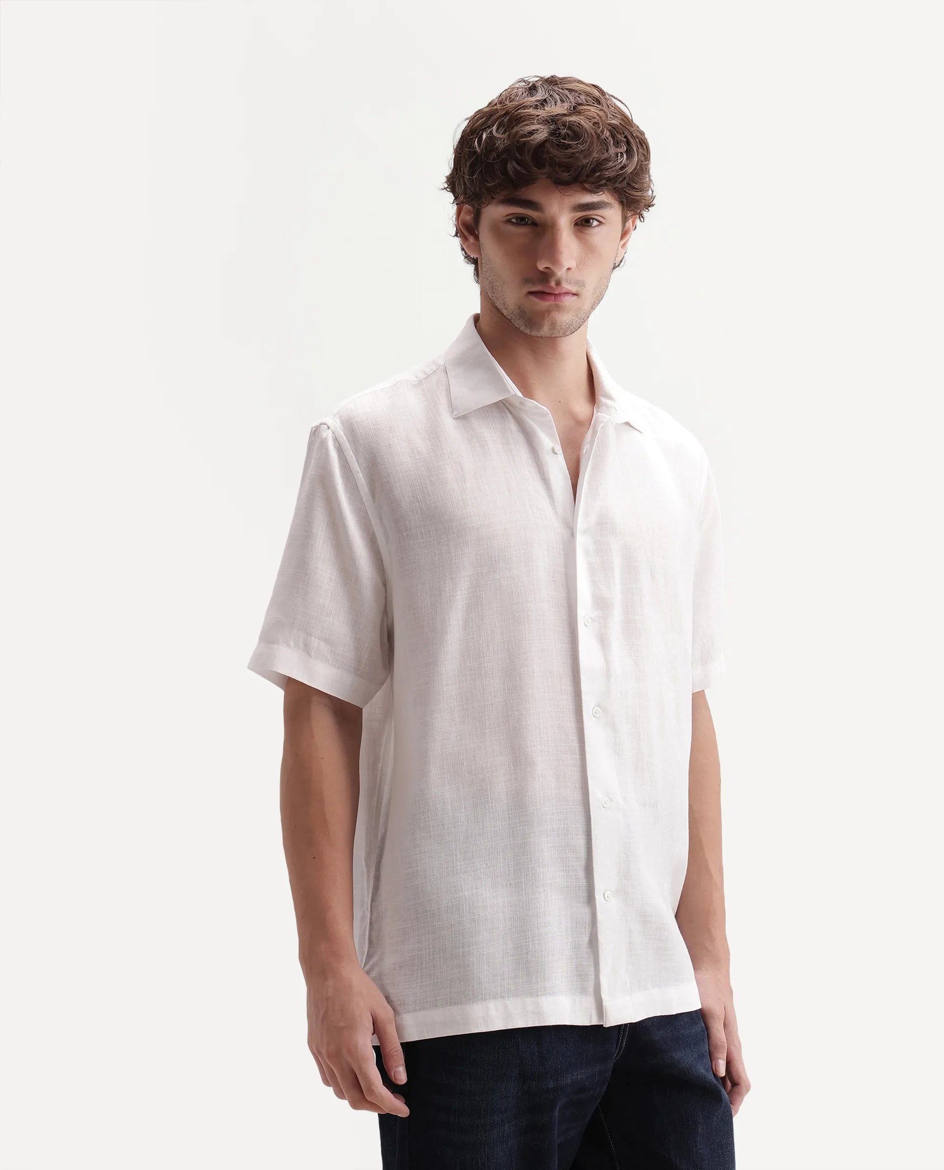 Rare Rabbit Men's Lyco Ss White Lyocell Button Regular Fit Plain Shirt