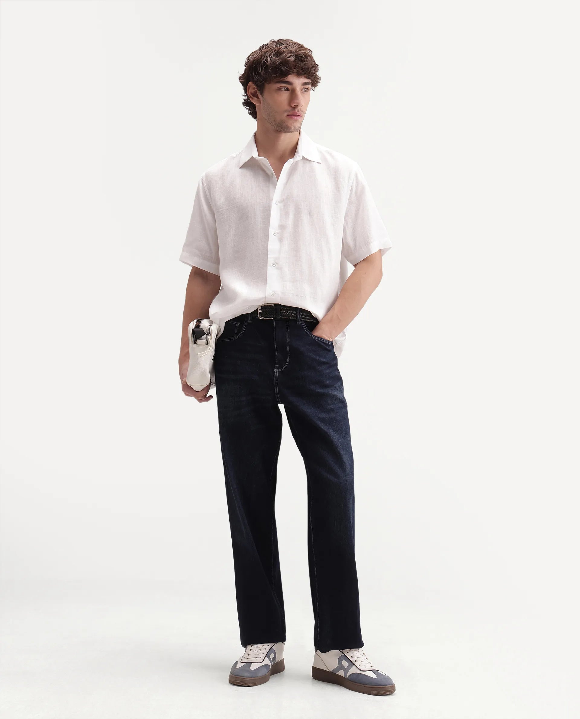 Rare Rabbit Men's Lyco Ss White Lyocell Button Regular Fit Plain Shirt