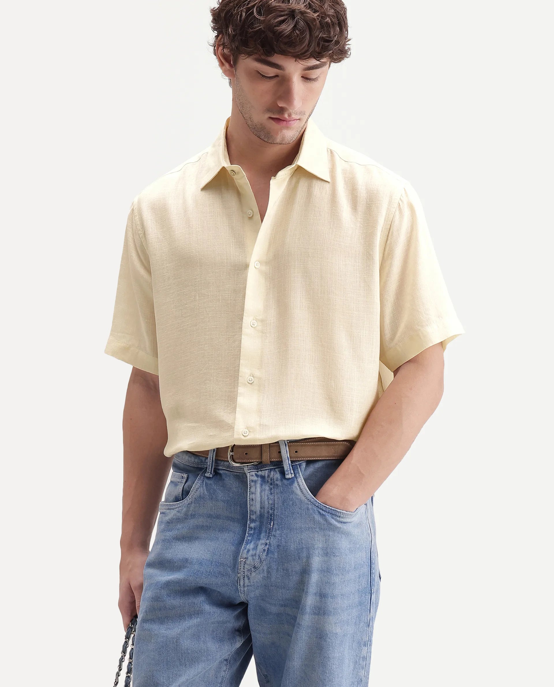 Rare Rabbit Men's Lyco Ss Beige Lyocell Button Regular Fit Plain Shirt