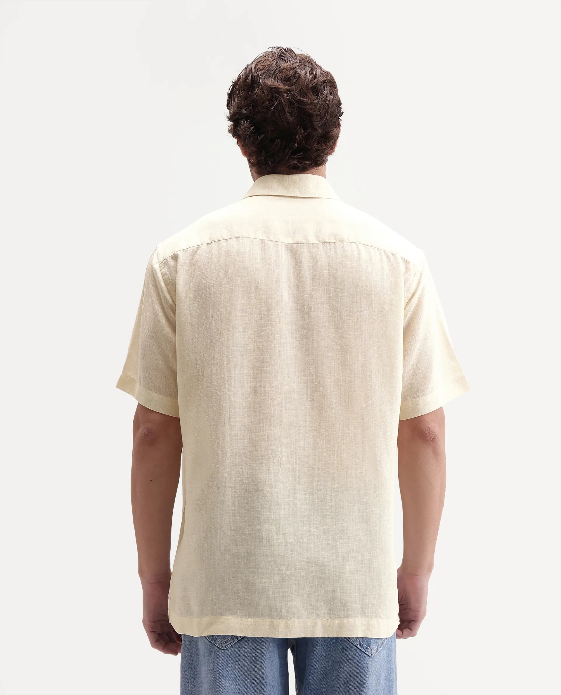 Rare Rabbit Men's Lyco Ss Beige Lyocell Button Regular Fit Plain Shirt