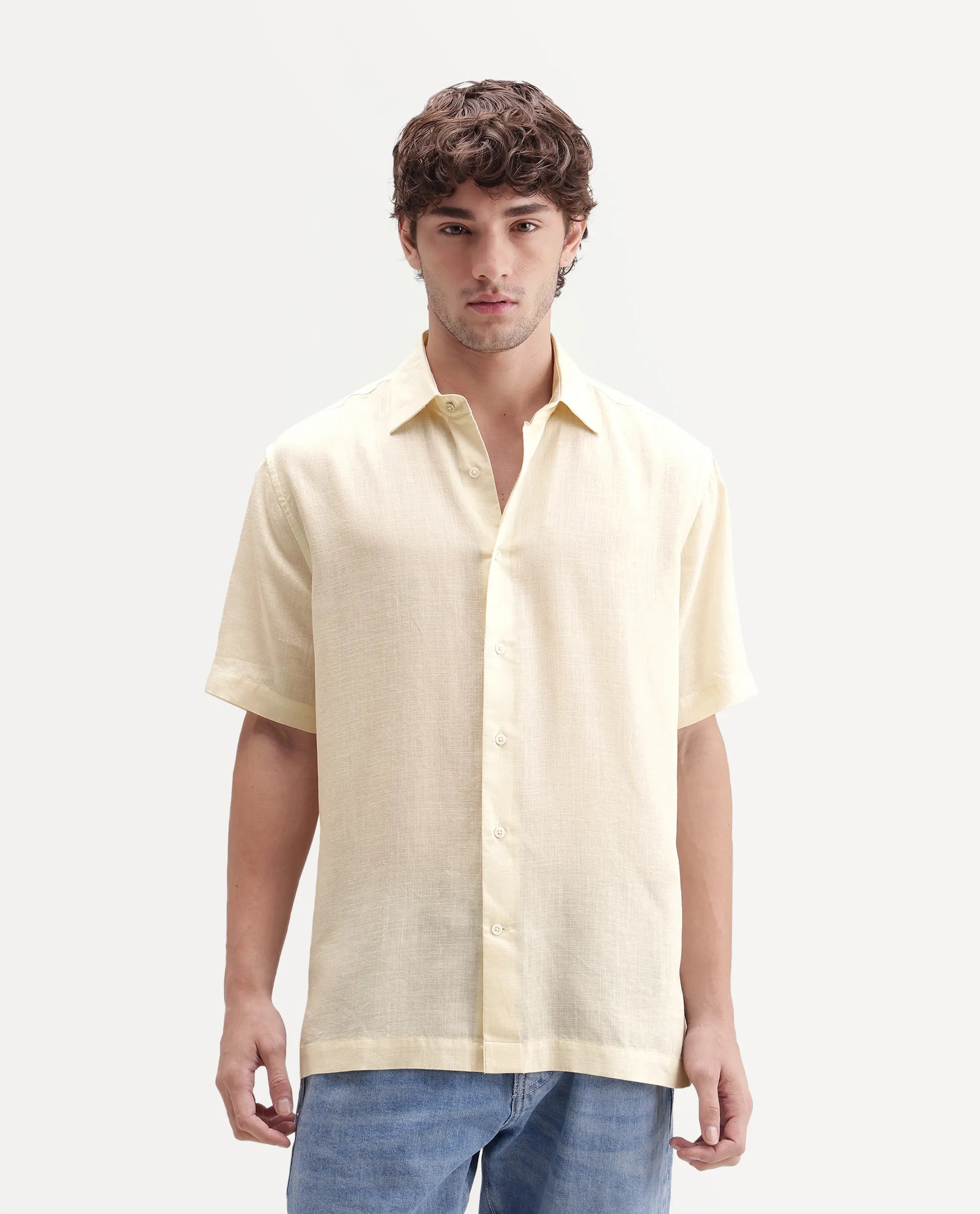 Rare Rabbit Men's Lyco Ss Beige Lyocell Button Regular Fit Plain Shirt