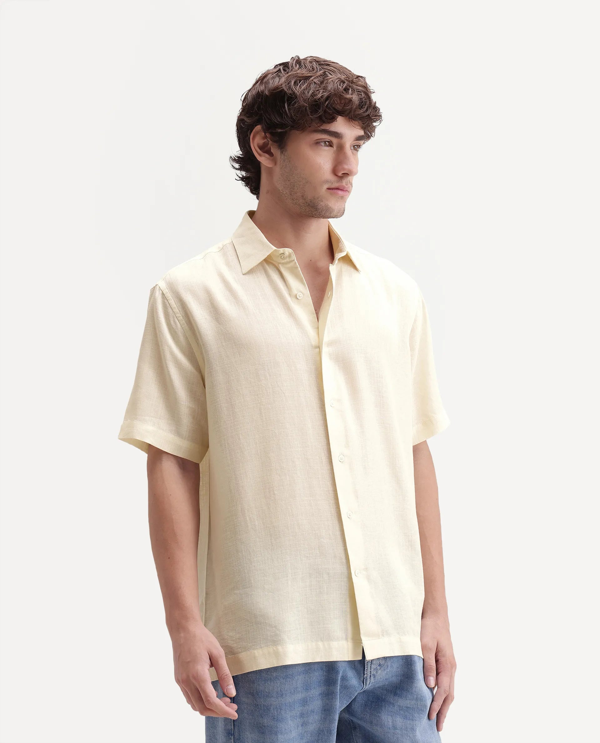 Rare Rabbit Men's Lyco Ss Beige Lyocell Button Regular Fit Plain Shirt