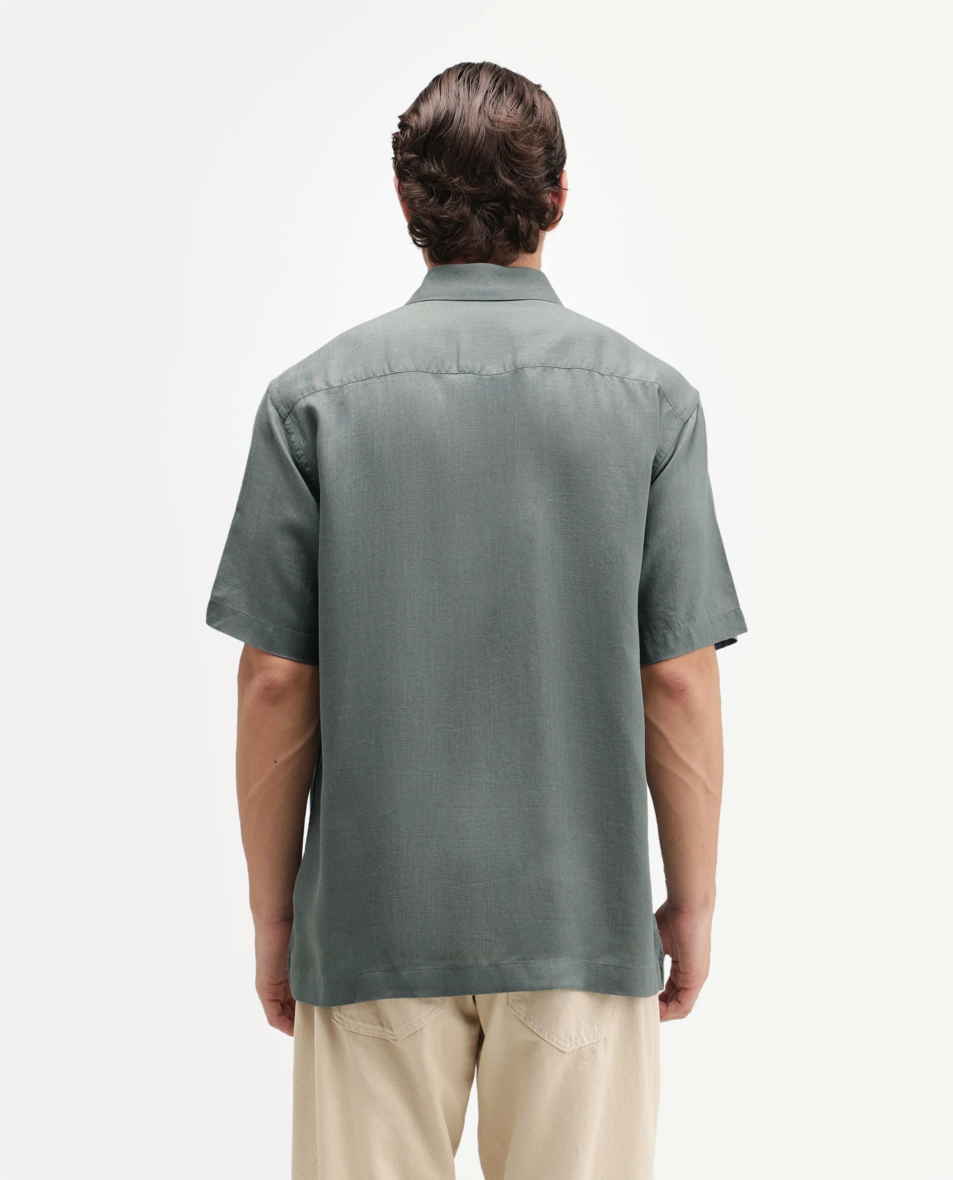 Rare Rabbit Men's Lyco Ss Dusky Olive Lyocell Button Regular Fit Plain Shirt