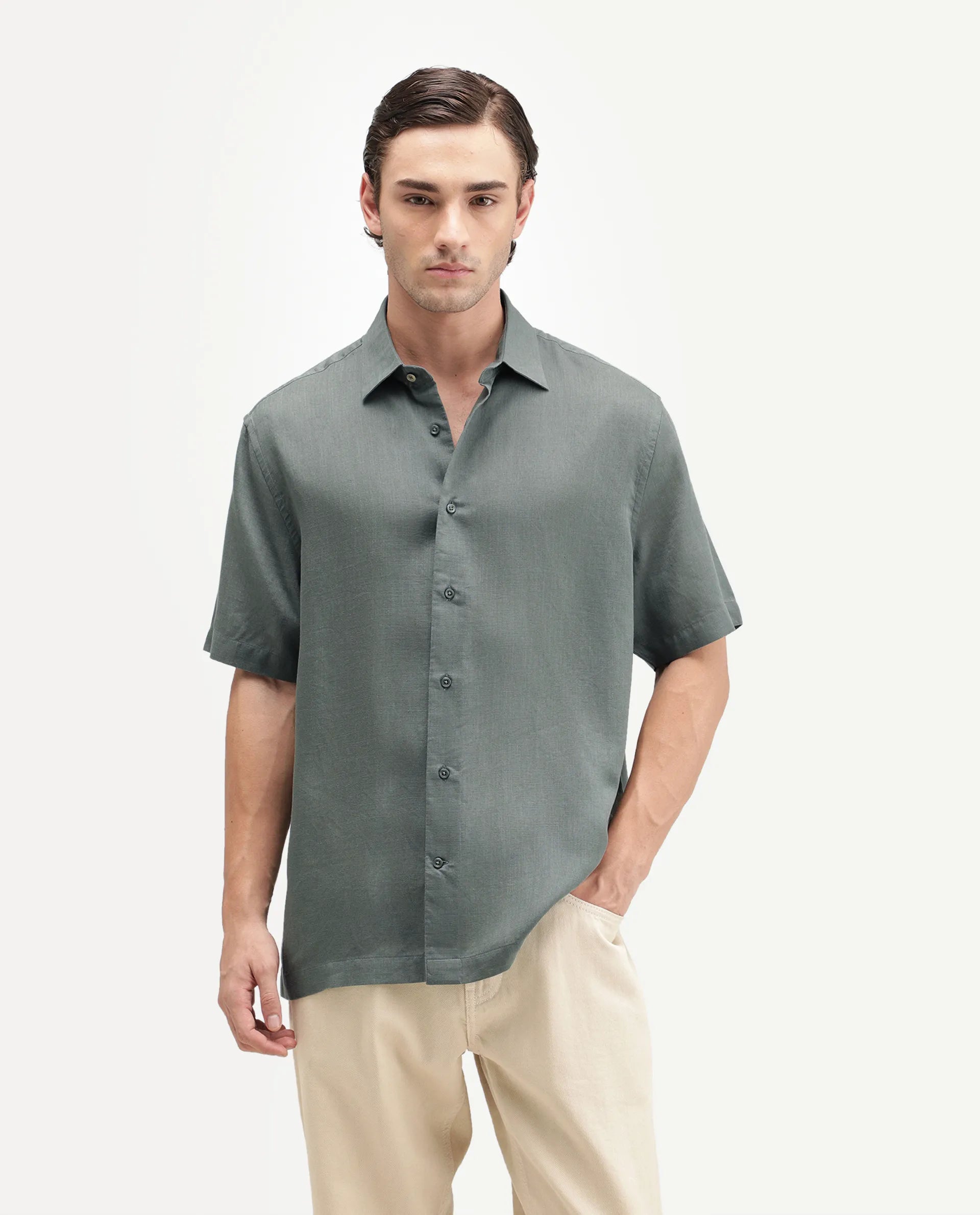 Rare Rabbit Men's Lyco Ss Dusky Olive Lyocell Button Regular Fit Plain Shirt