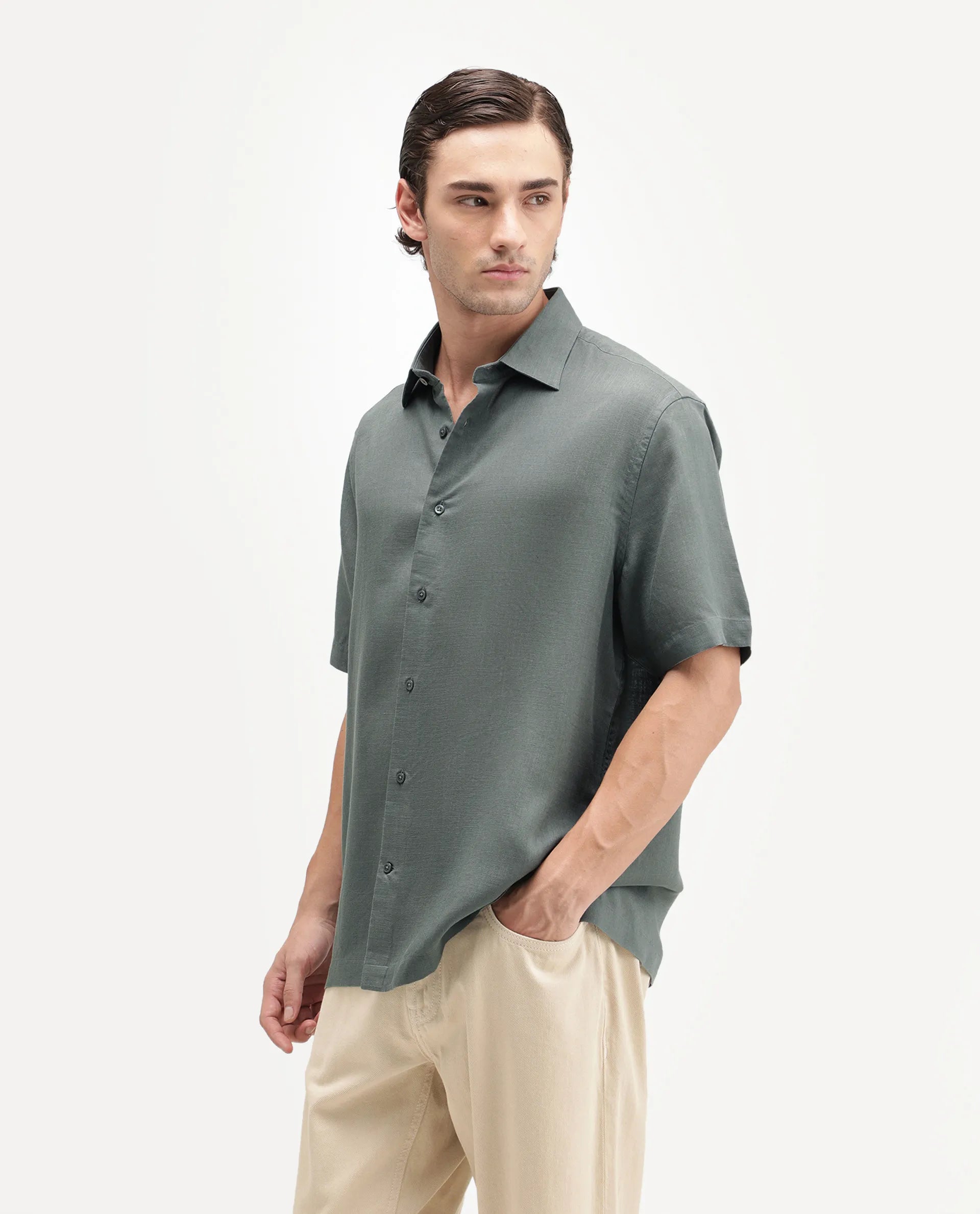 Rare Rabbit Men's Lyco Ss Dusky Olive Lyocell Button Regular Fit Plain Shirt