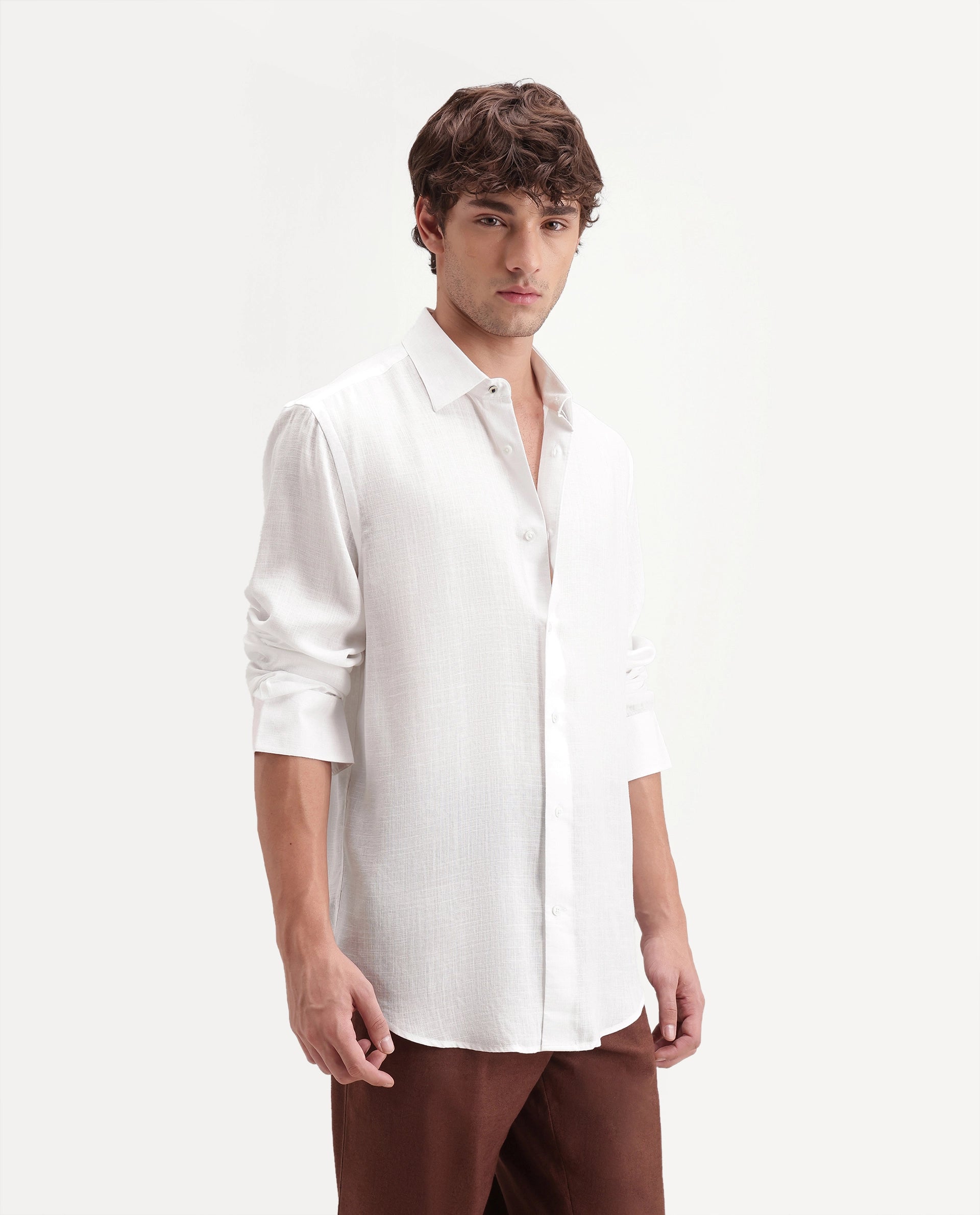 Rare Rabbit Men's Lyco Ls White Lyocell Button Regular Fit Plain Shirt