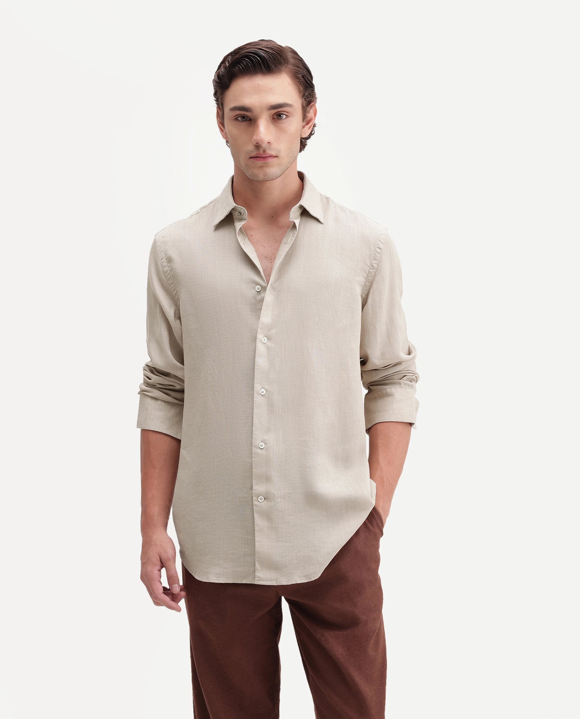 Rare Rabbit Men's Lyco Ls Dusky Beige Lyocell Button Regular Fit Shirt