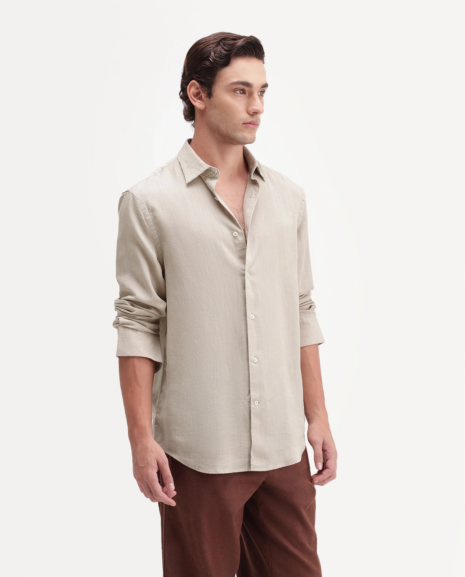 Rare Rabbit Men's Lyco Ls Dusky Beige Lyocell Button Regular Fit Shirt