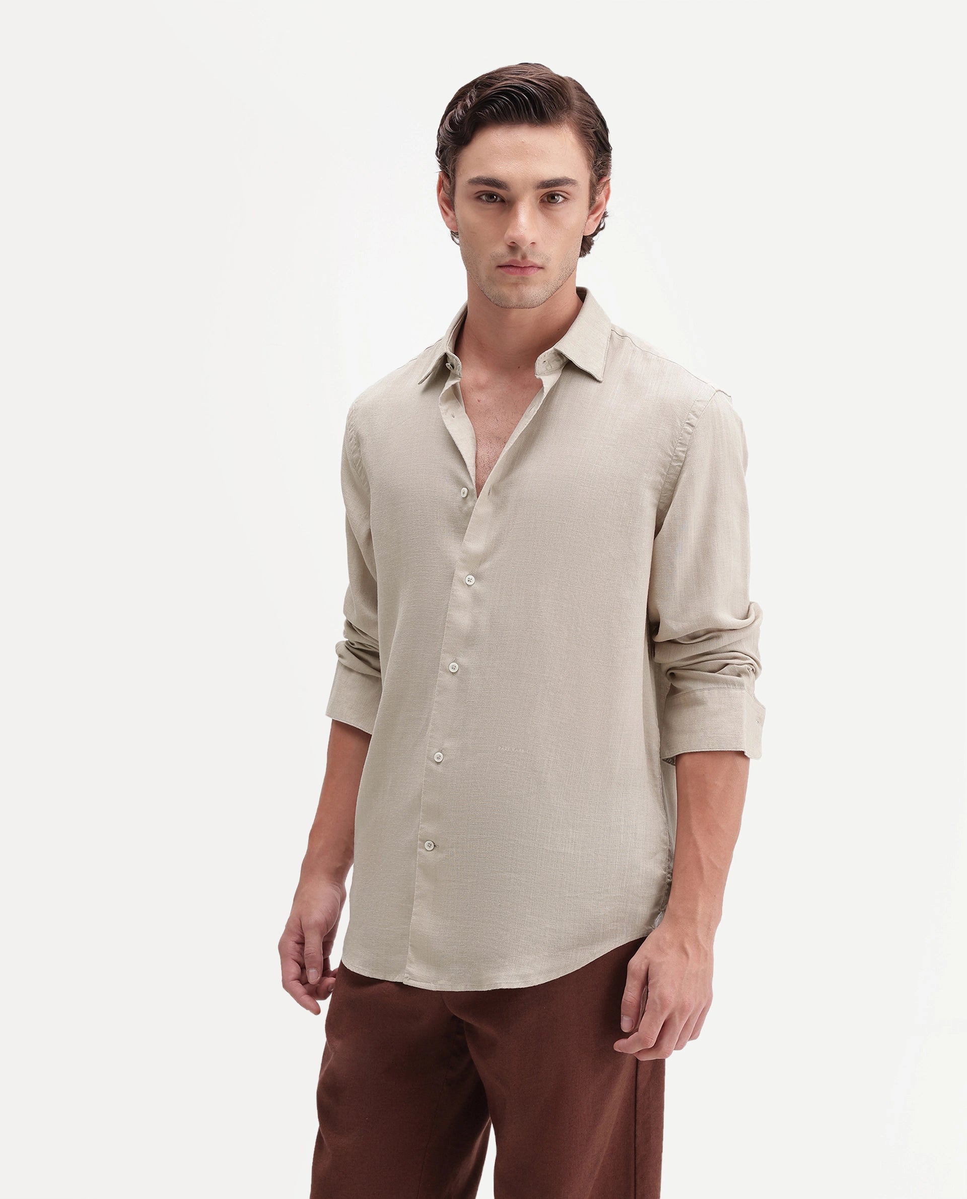 Rare Rabbit Men's Lyco Ls Dusky Beige Lyocell Button Regular Fit Shirt