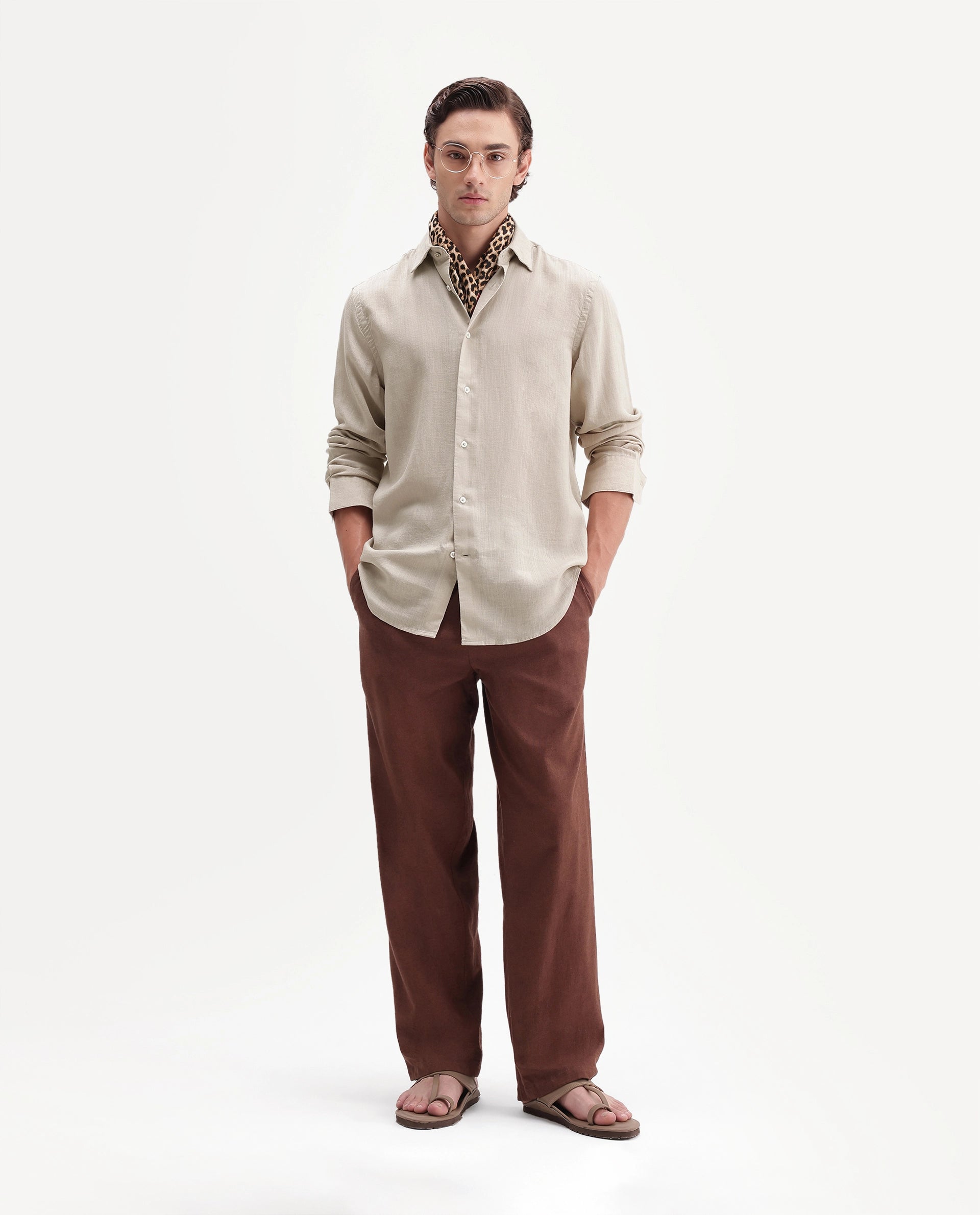 Rare Rabbit Men's Lyco Ls Dusky Beige Lyocell Button Regular Fit Shirt