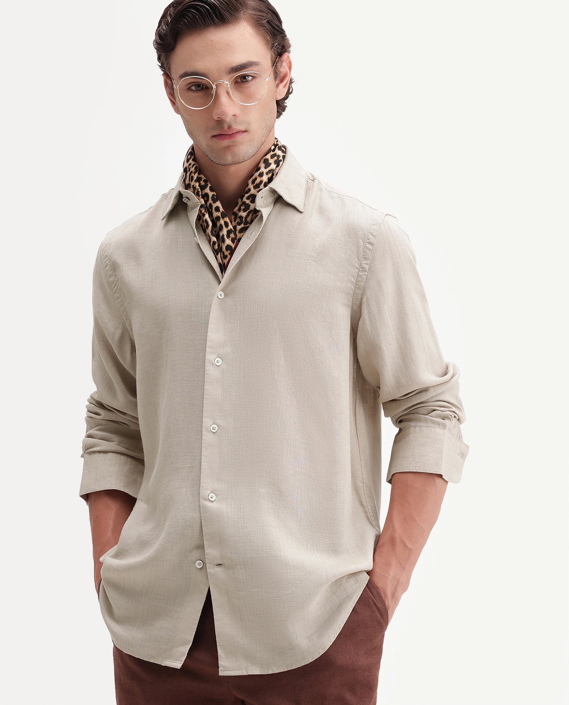 Rare Rabbit Men's Lyco Ls Dusky Beige Lyocell Button Regular Fit Shirt