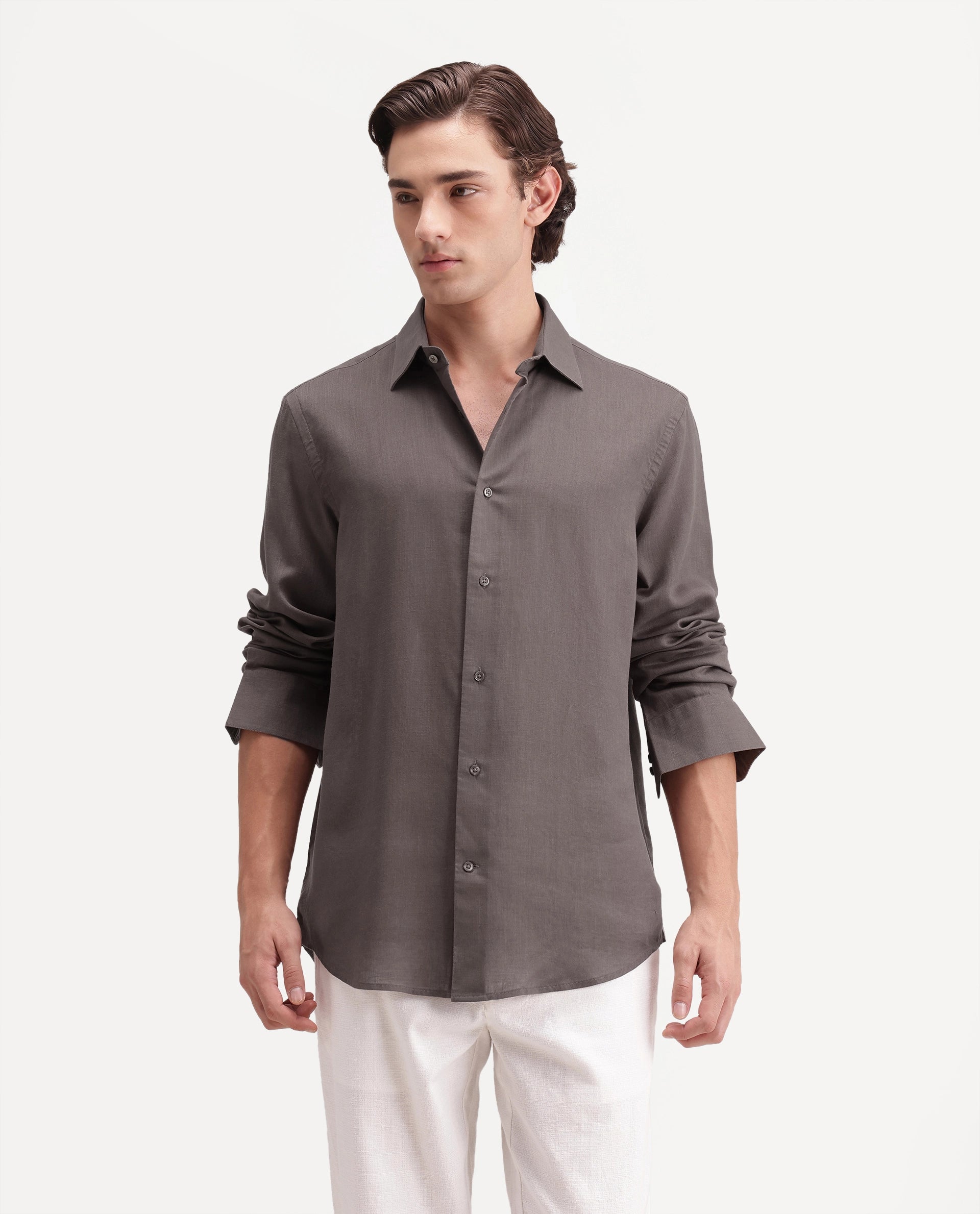 Rare Rabbit Men's Lyco Ls Dusky Brown Lyocell Button Regular Fit Shirt