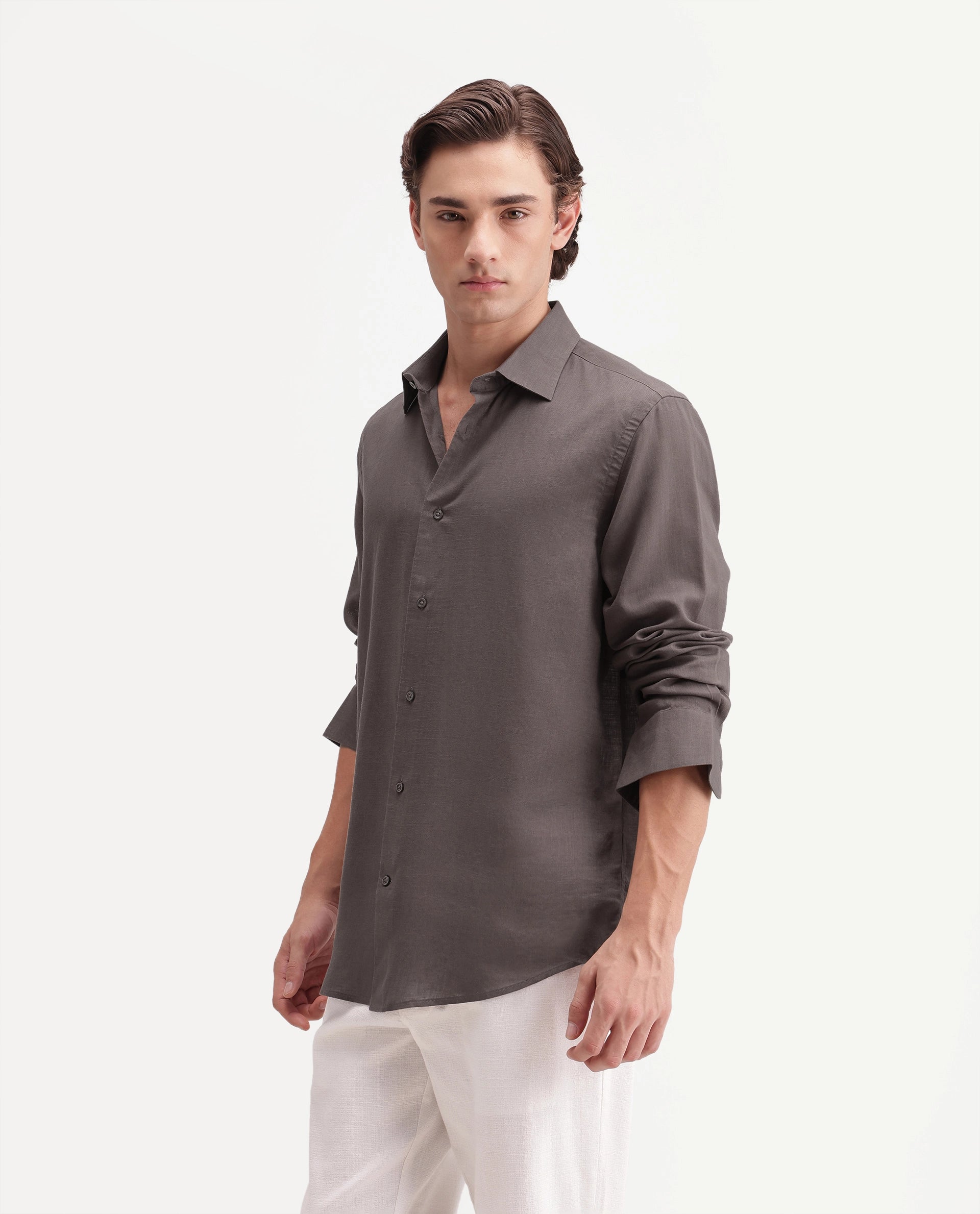 Rare Rabbit Men's Lyco Ls Dusky Brown Lyocell Button Regular Fit Shirt
