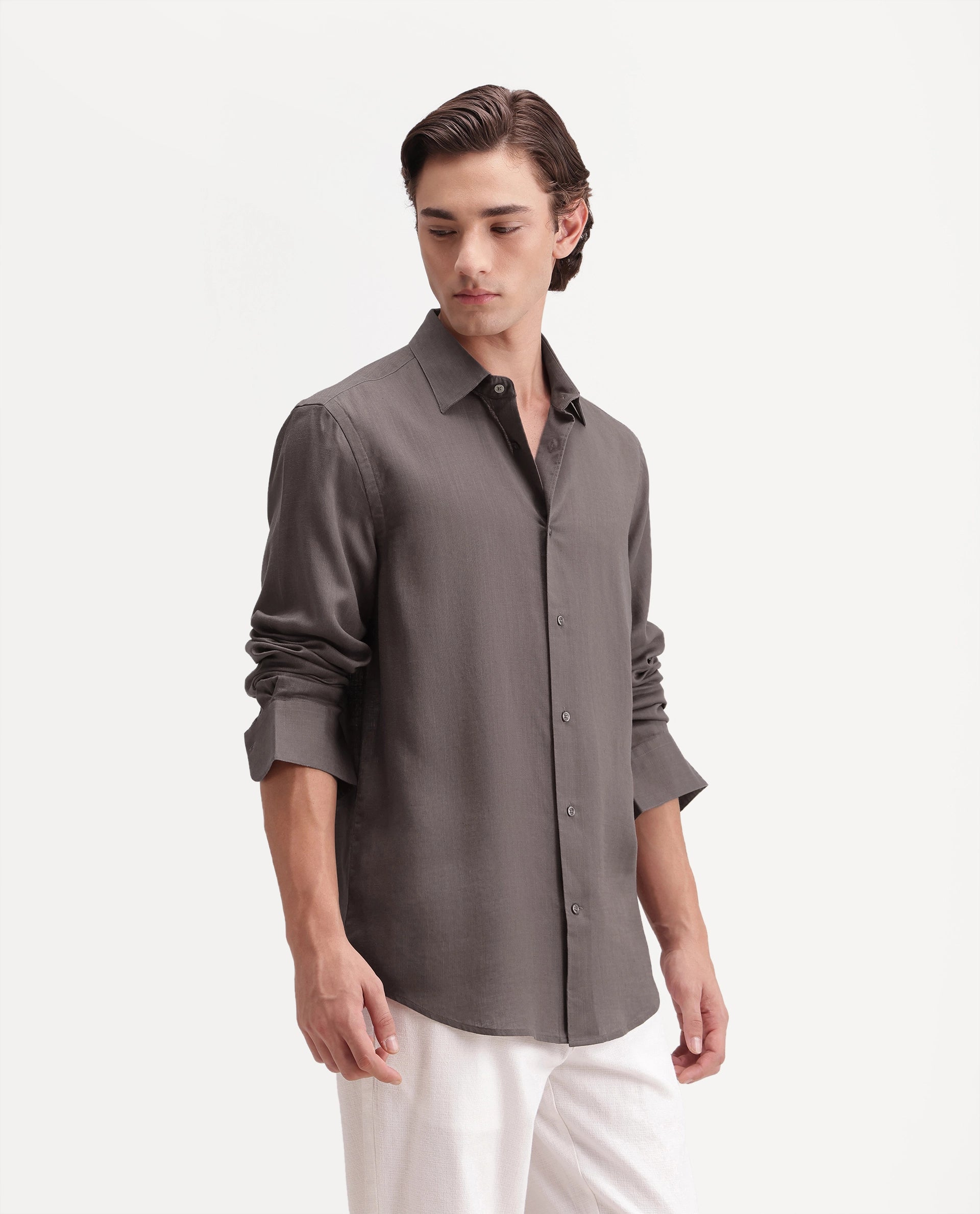 Rare Rabbit Men's Lyco Ls Dusky Brown Lyocell Button Regular Fit Shirt