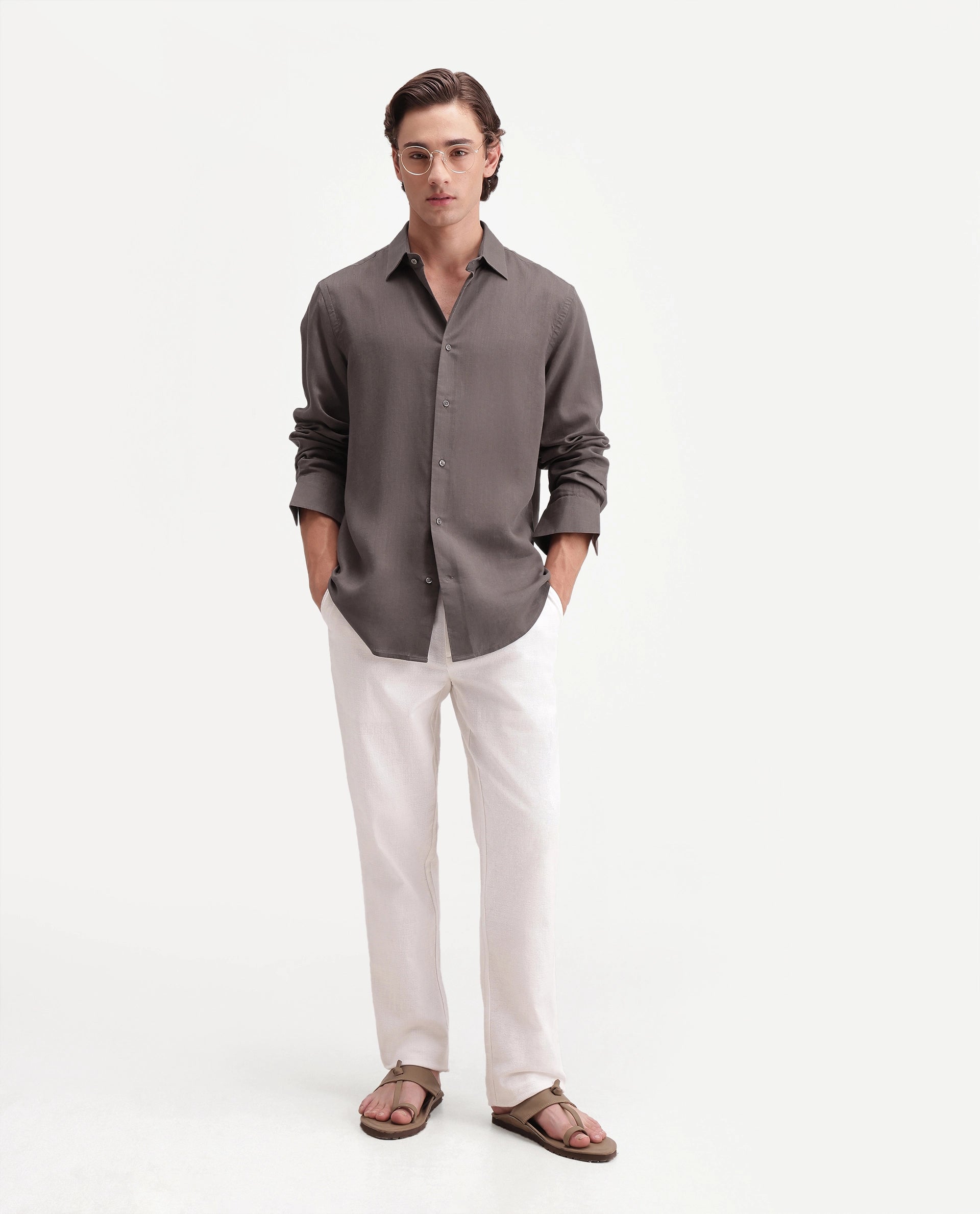 Rare Rabbit Men's Lyco Ls Dusky Brown Lyocell Button Regular Fit Shirt