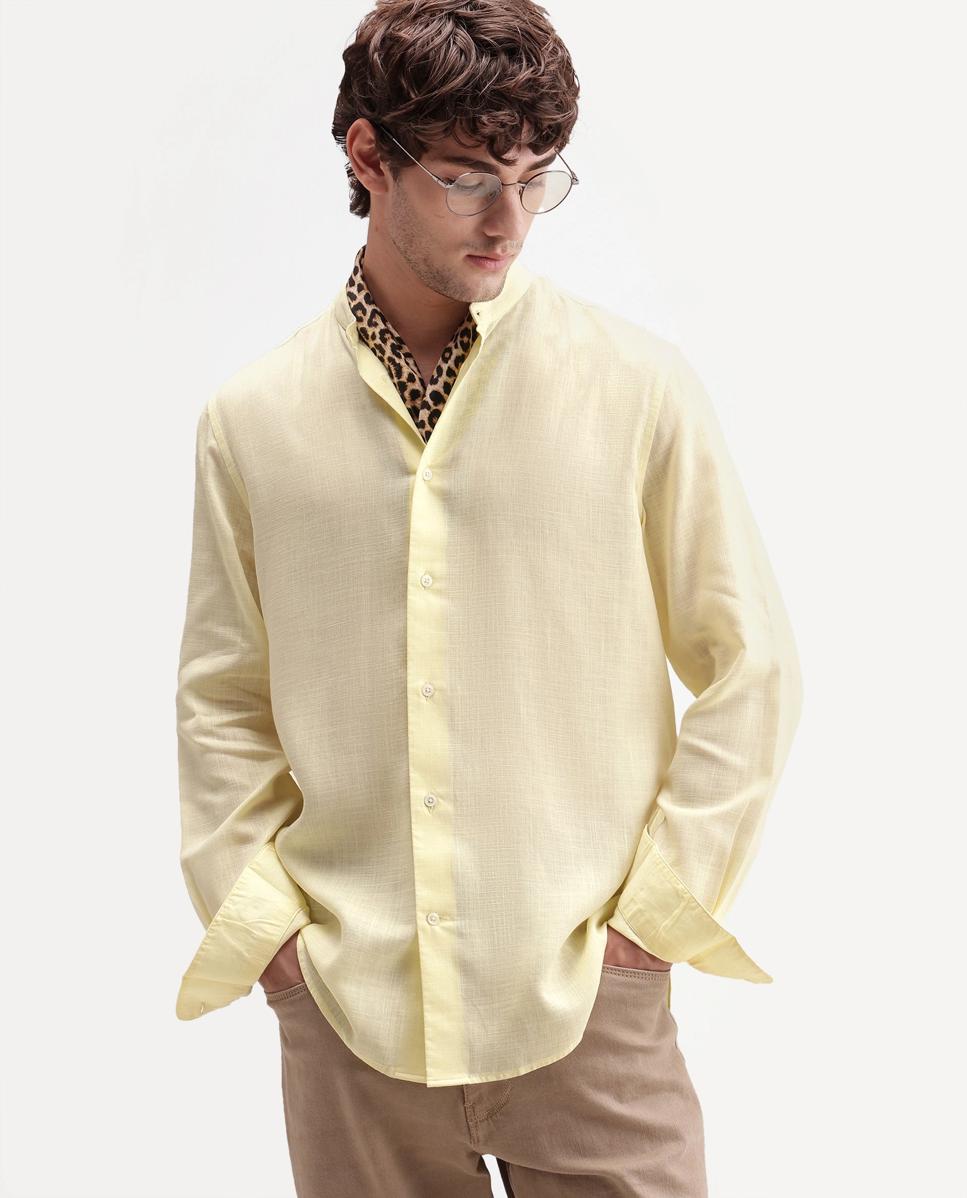 Rare Rabbit Men's Lyco Cn Light Yellow Lyocell Button Mandarin collar Regular Fit Shirt