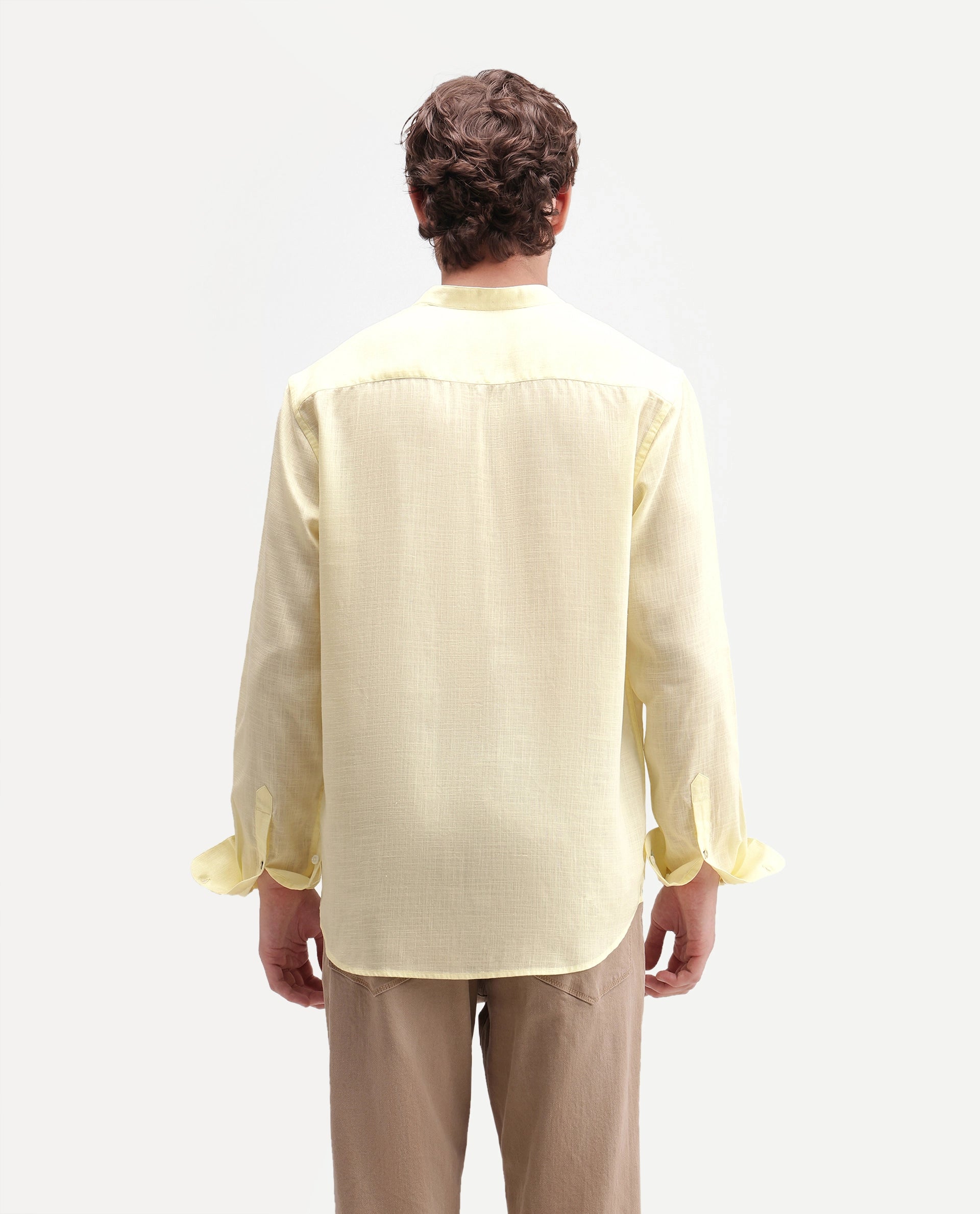 Rare Rabbit Men's Lyco Cn Light Yellow Lyocell Button Mandarin collar Regular Fit Shirt