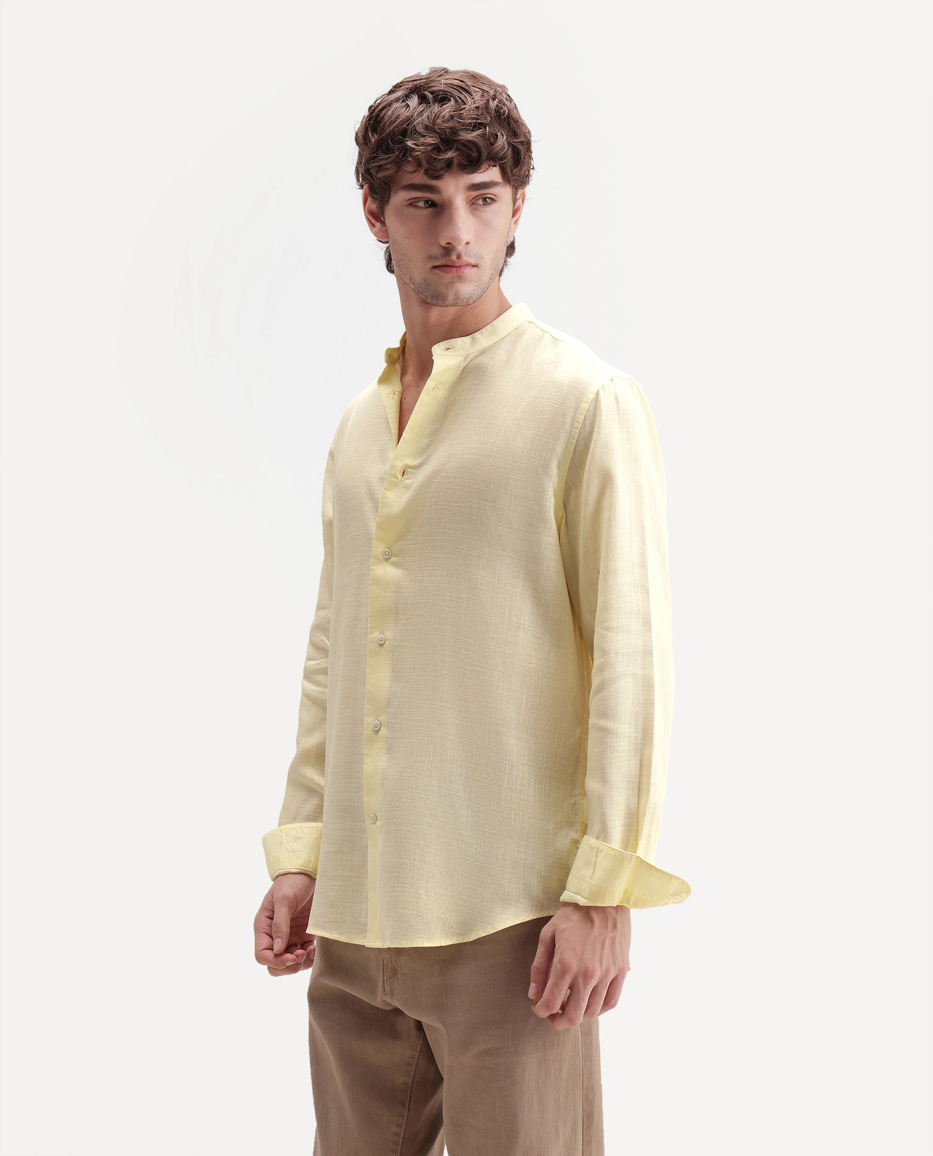 Rare Rabbit Men's Lyco Cn Light Yellow Lyocell Button Mandarin collar Regular Fit Shirt