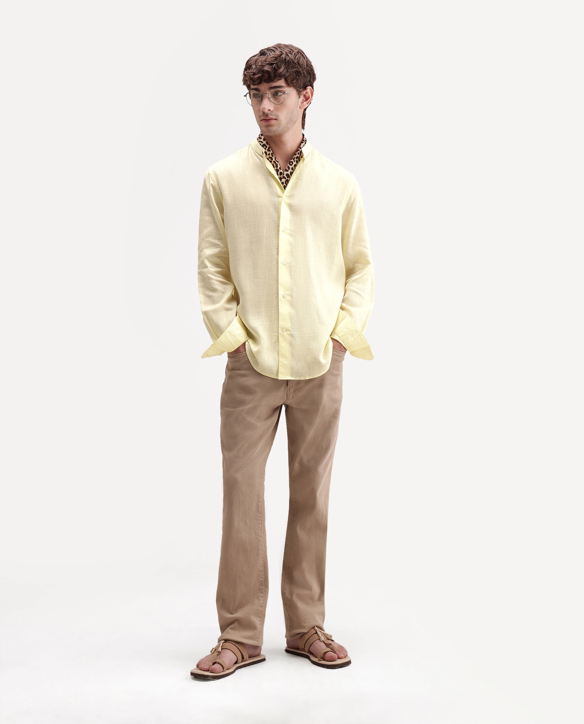 Rare Rabbit Men's Lyco Cn Light Yellow Lyocell Button Mandarin collar Regular Fit Shirt