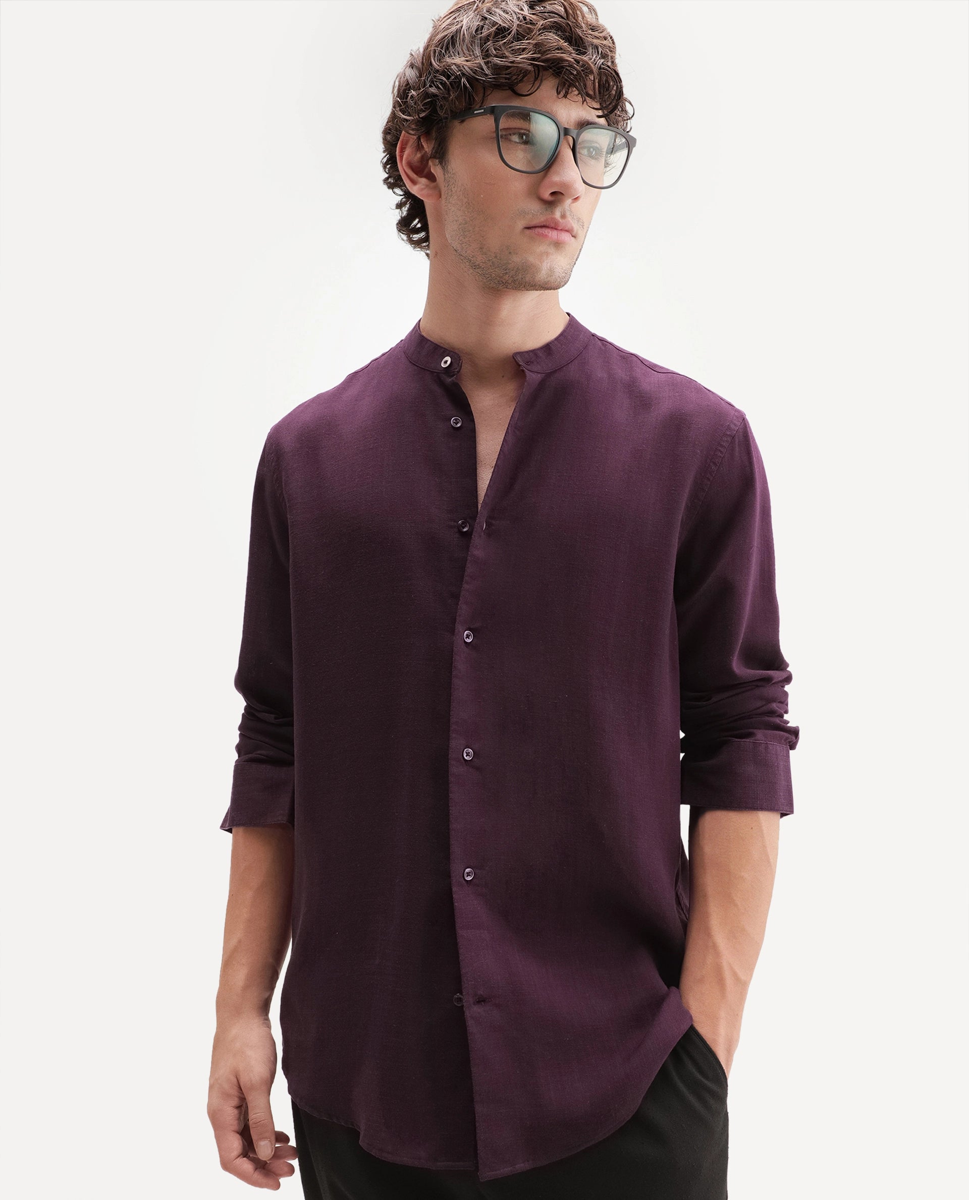 Rare Rabbit Men's Lyco Cn Dark Purple Lyocell Button Mandarin collar Regular Fit Shirt