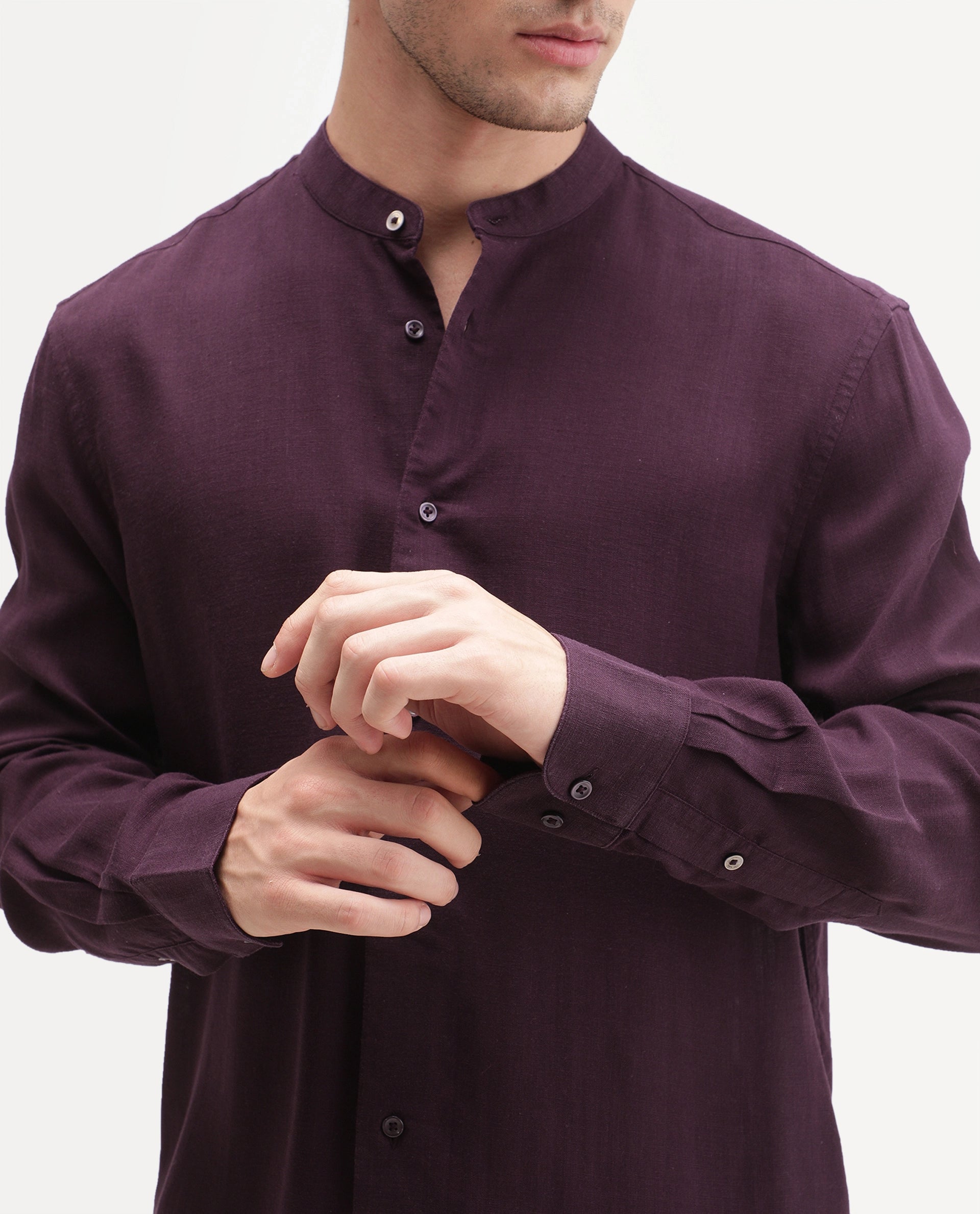 Rare Rabbit Men's Lyco Cn Dark Purple Lyocell Button Mandarin collar Regular Fit Shirt