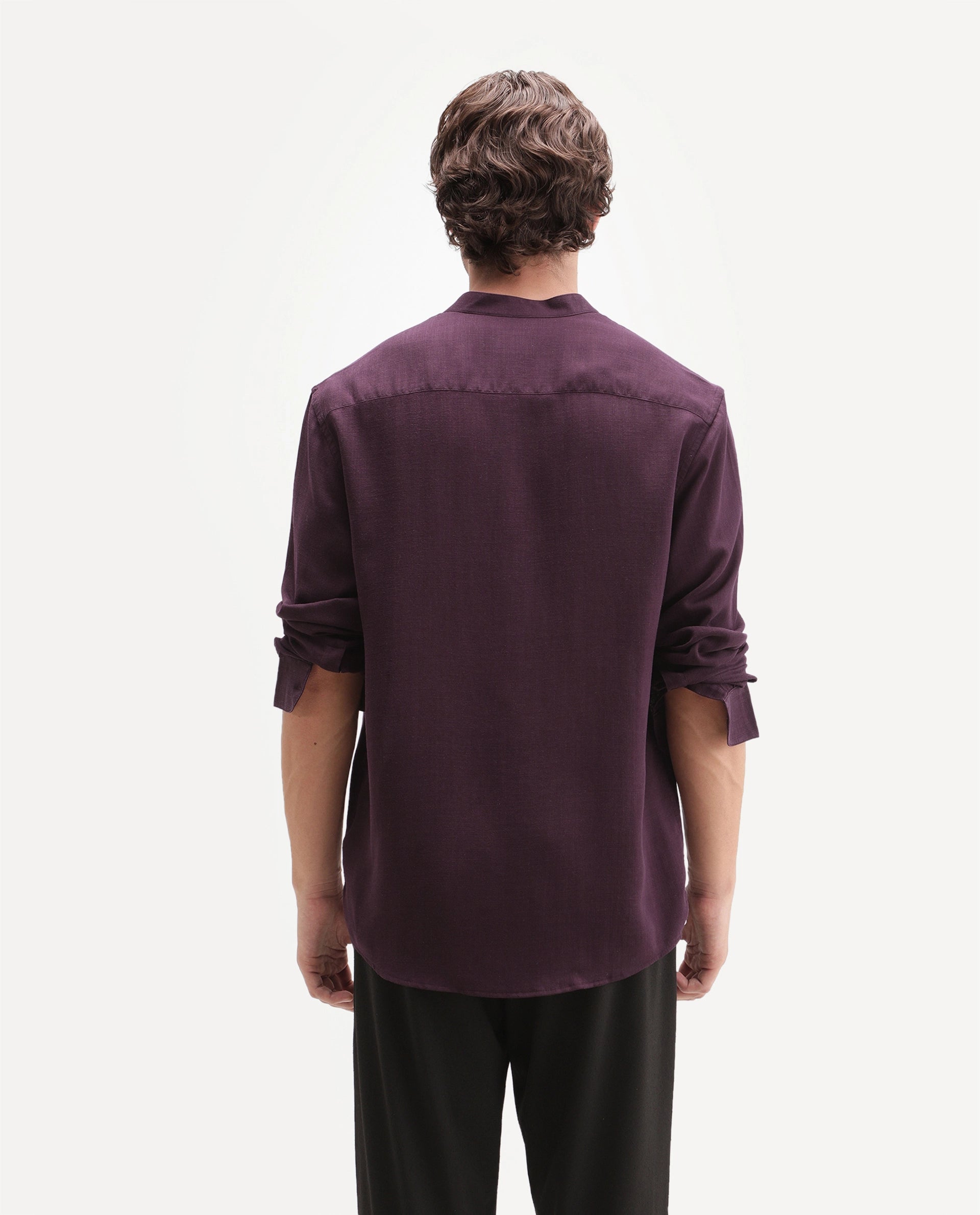 Rare Rabbit Men's Lyco Cn Dark Purple Lyocell Button Mandarin collar Regular Fit Shirt