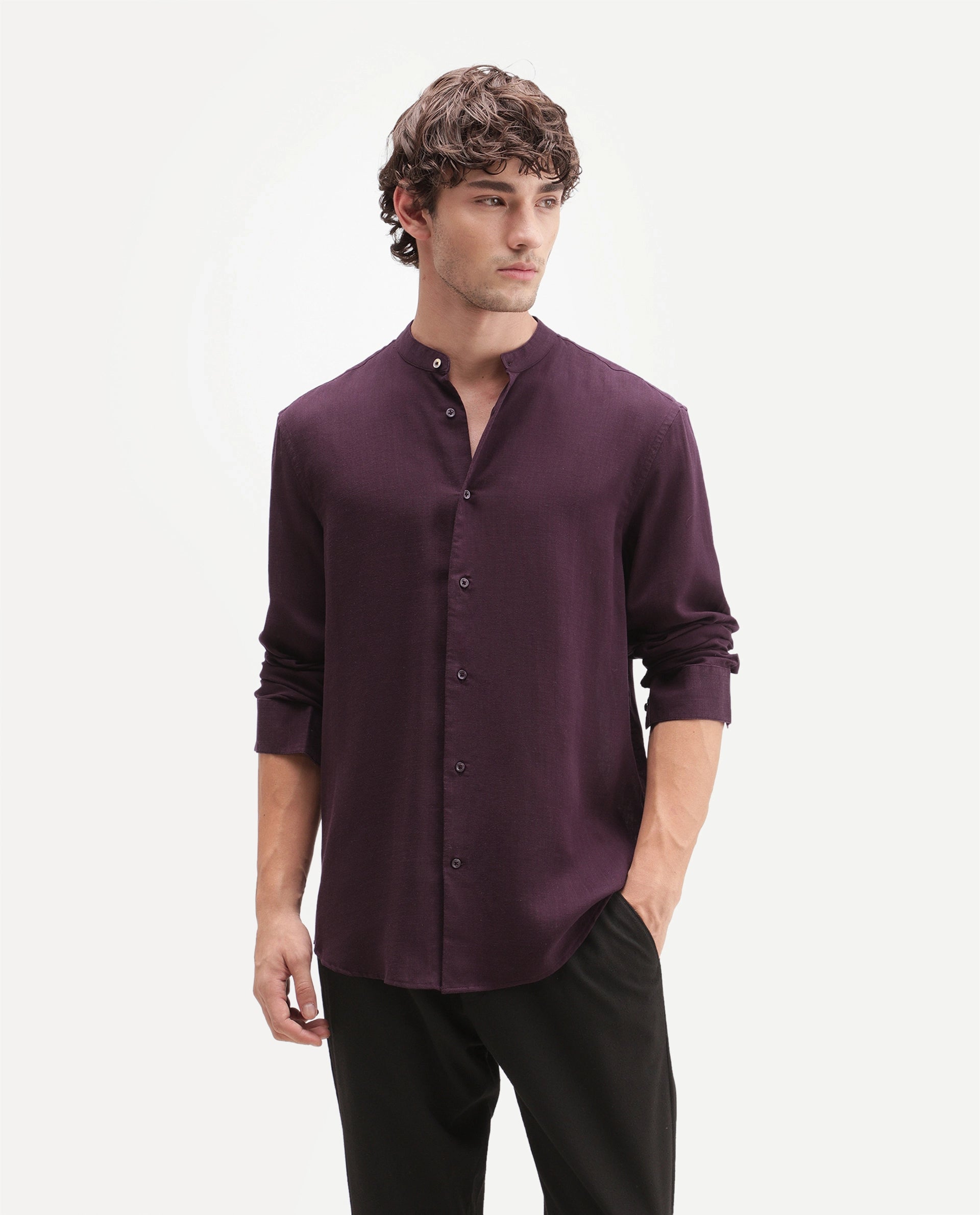 Rare Rabbit Men's Lyco Cn Dark Purple Lyocell Button Mandarin collar Regular Fit Shirt