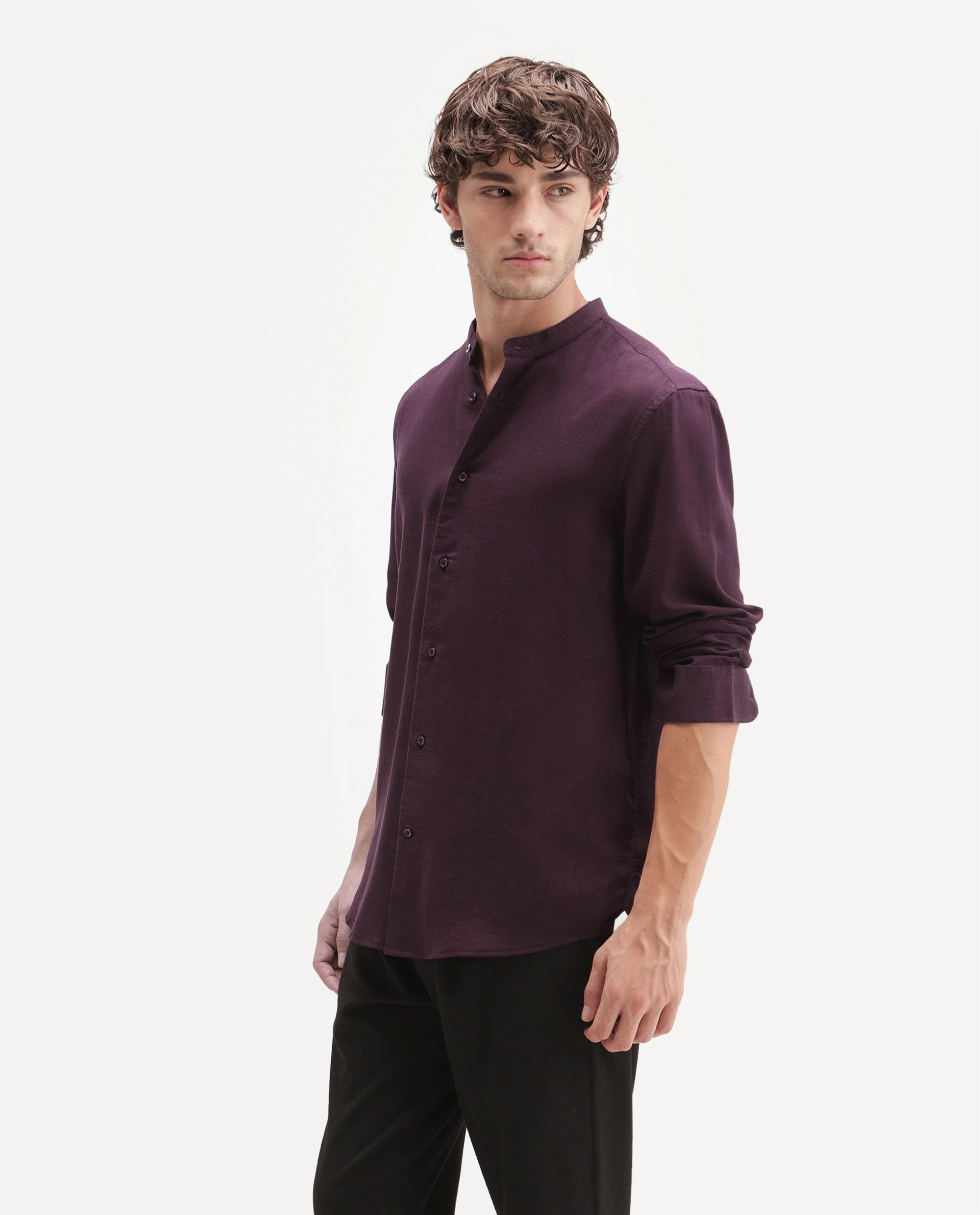 Rare Rabbit Men's Lyco Cn Dark Purple Lyocell Button Mandarin collar Regular Fit Shirt
