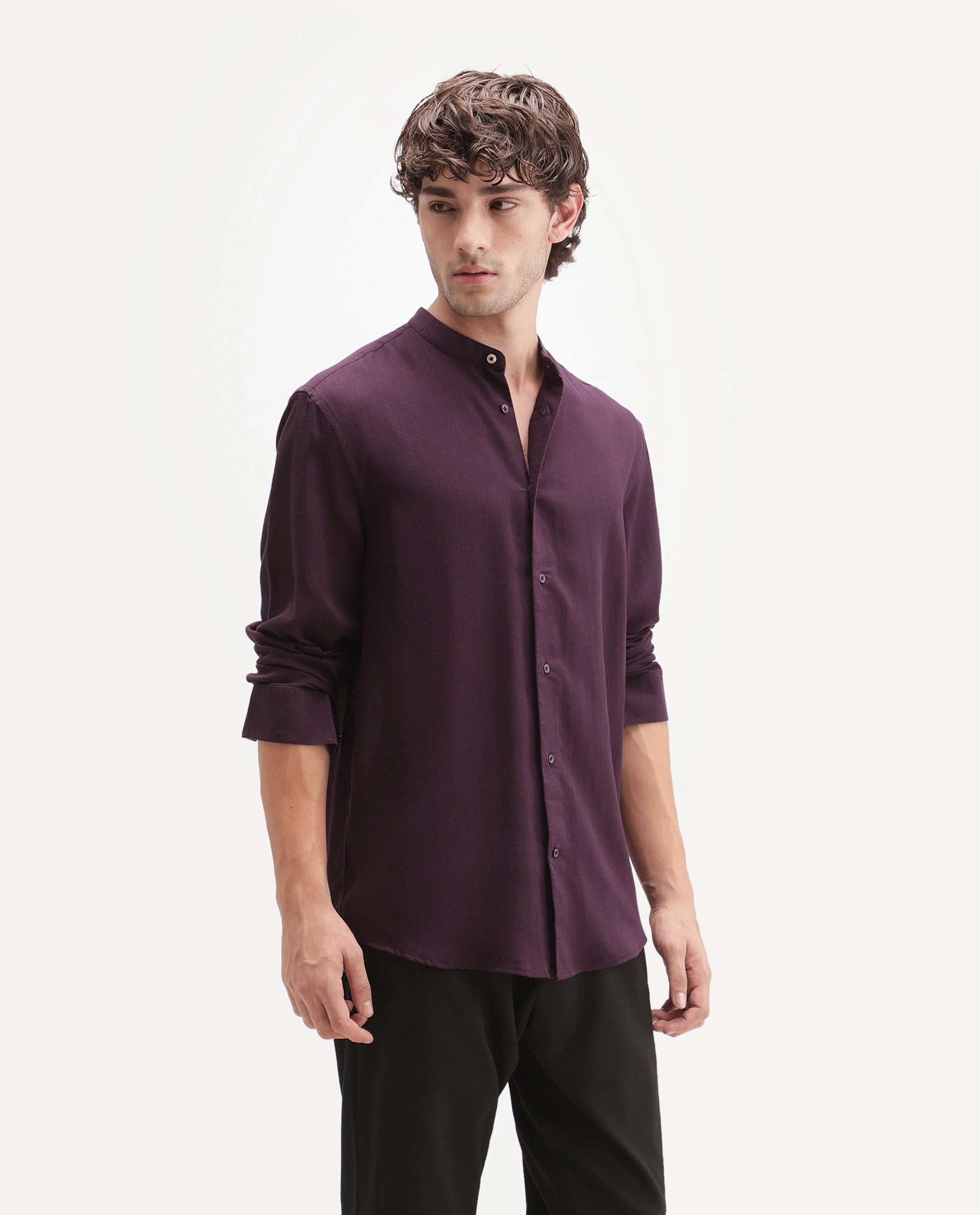 Rare Rabbit Men's Lyco Cn Dark Purple Lyocell Button Mandarin collar Regular Fit Shirt