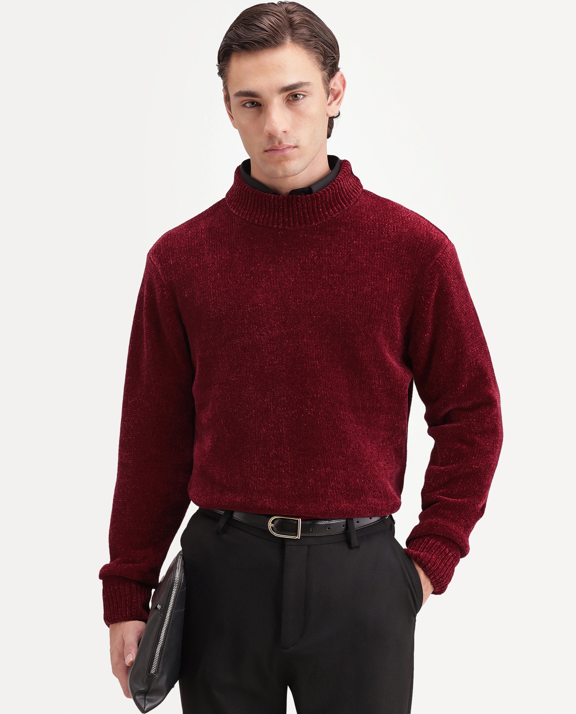 Rare Rabbit Men's Chenor Dark Red Polyester Regular Fit Plain Sweater