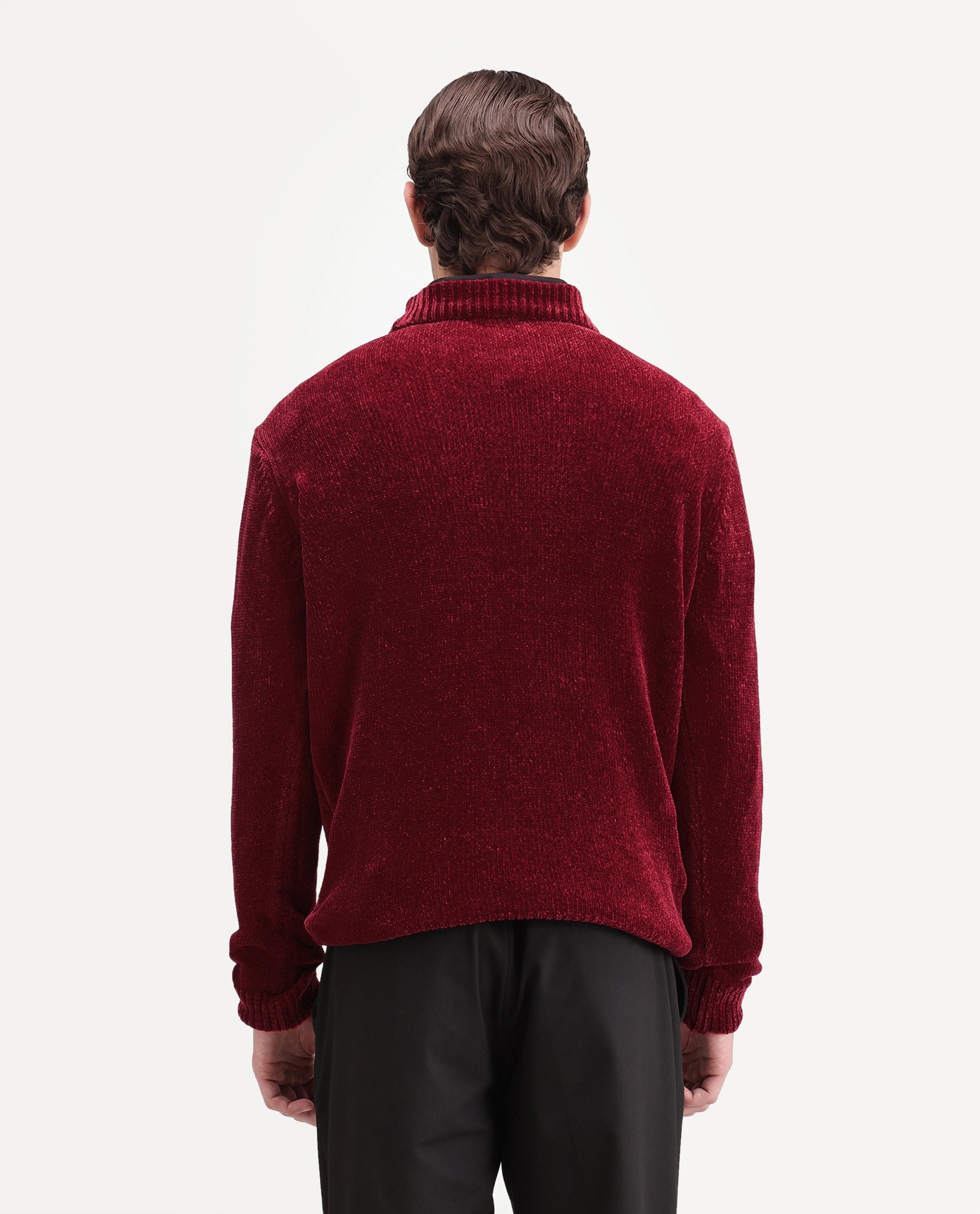 Rare Rabbit Men's Chenor Dark Red Polyester Regular Fit Plain Sweater