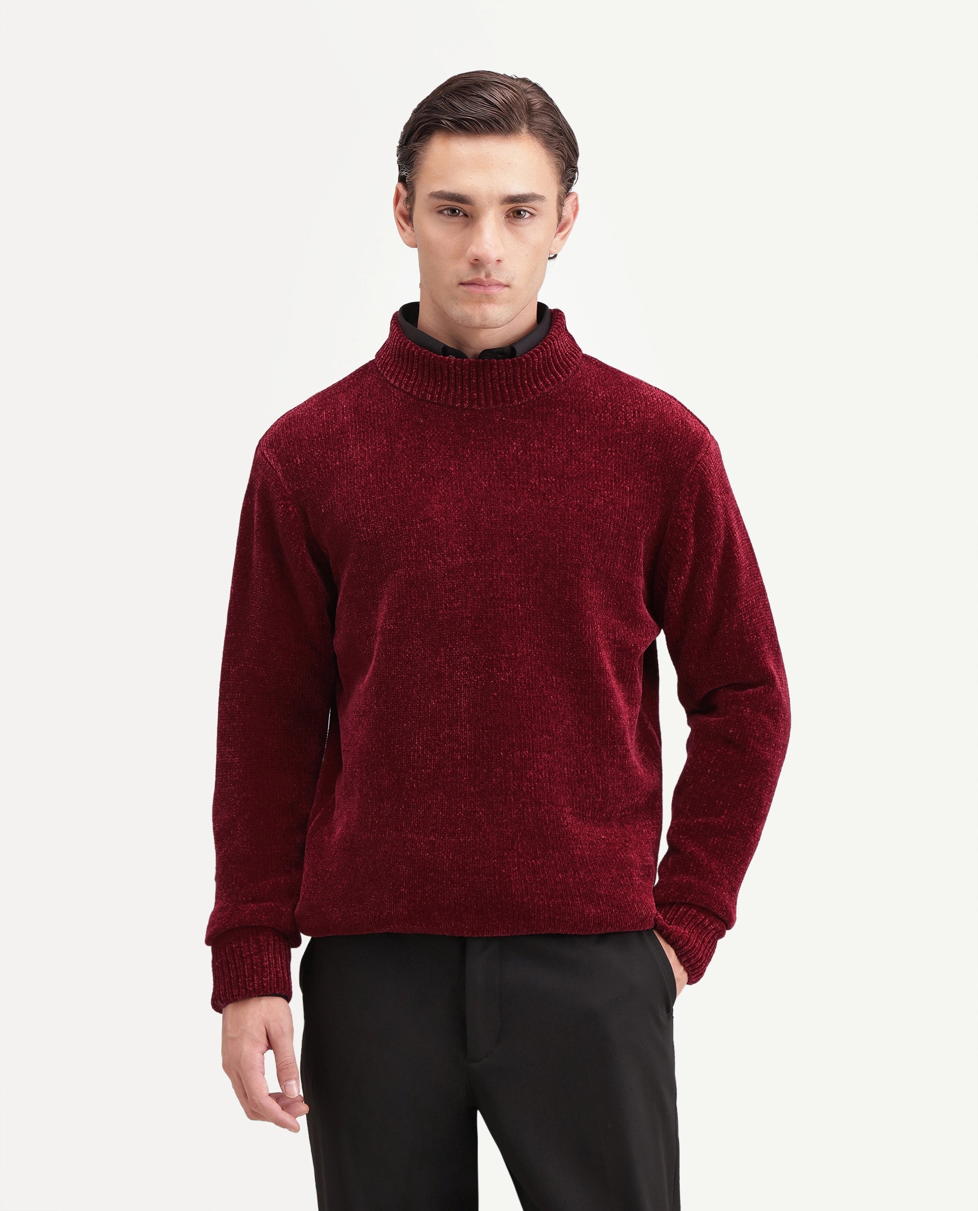 Rare Rabbit Men's Chenor Dark Red Polyester Regular Fit Plain Sweater