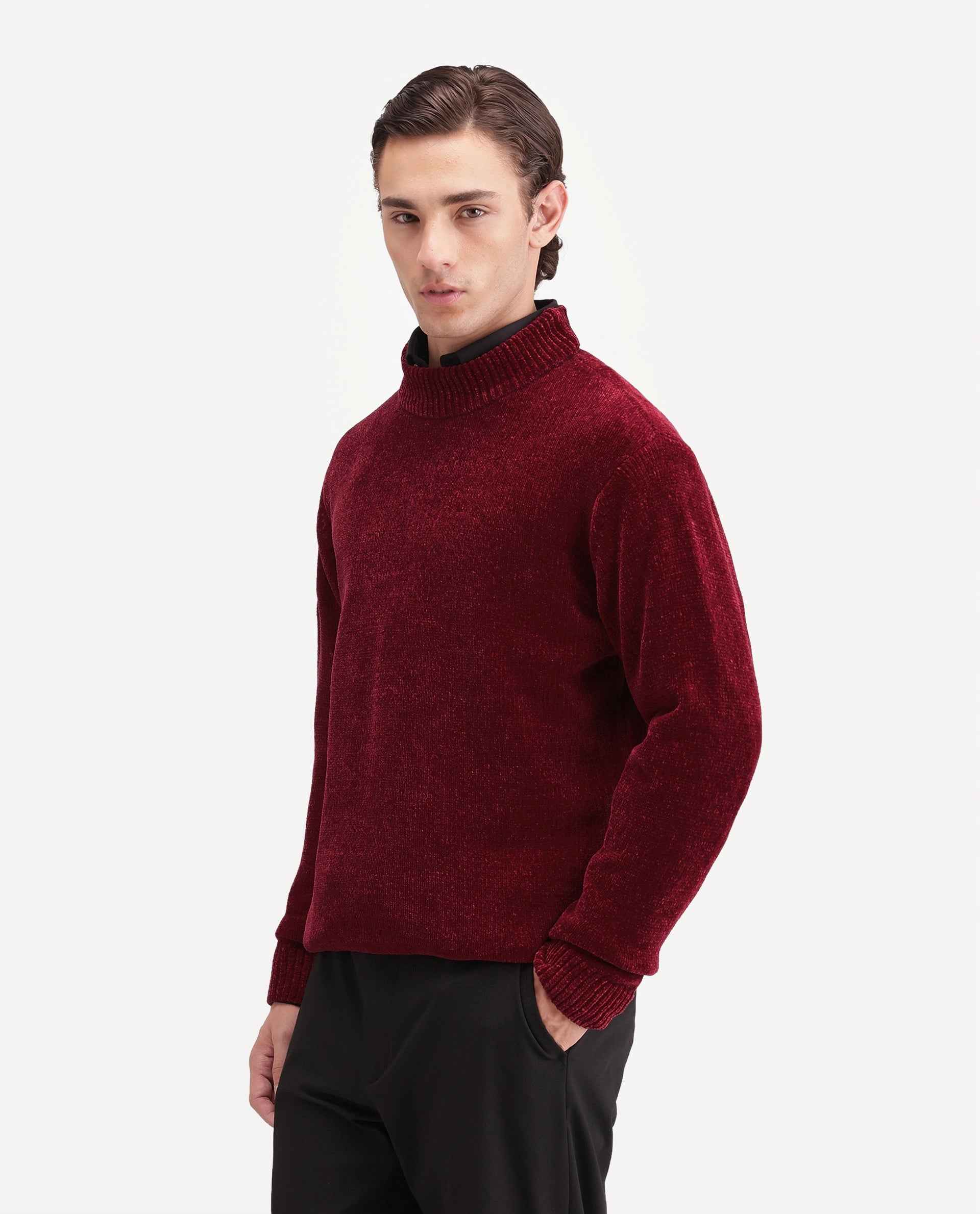 Rare Rabbit Men's Chenor Dark Red Polyester Regular Fit Plain Sweater
