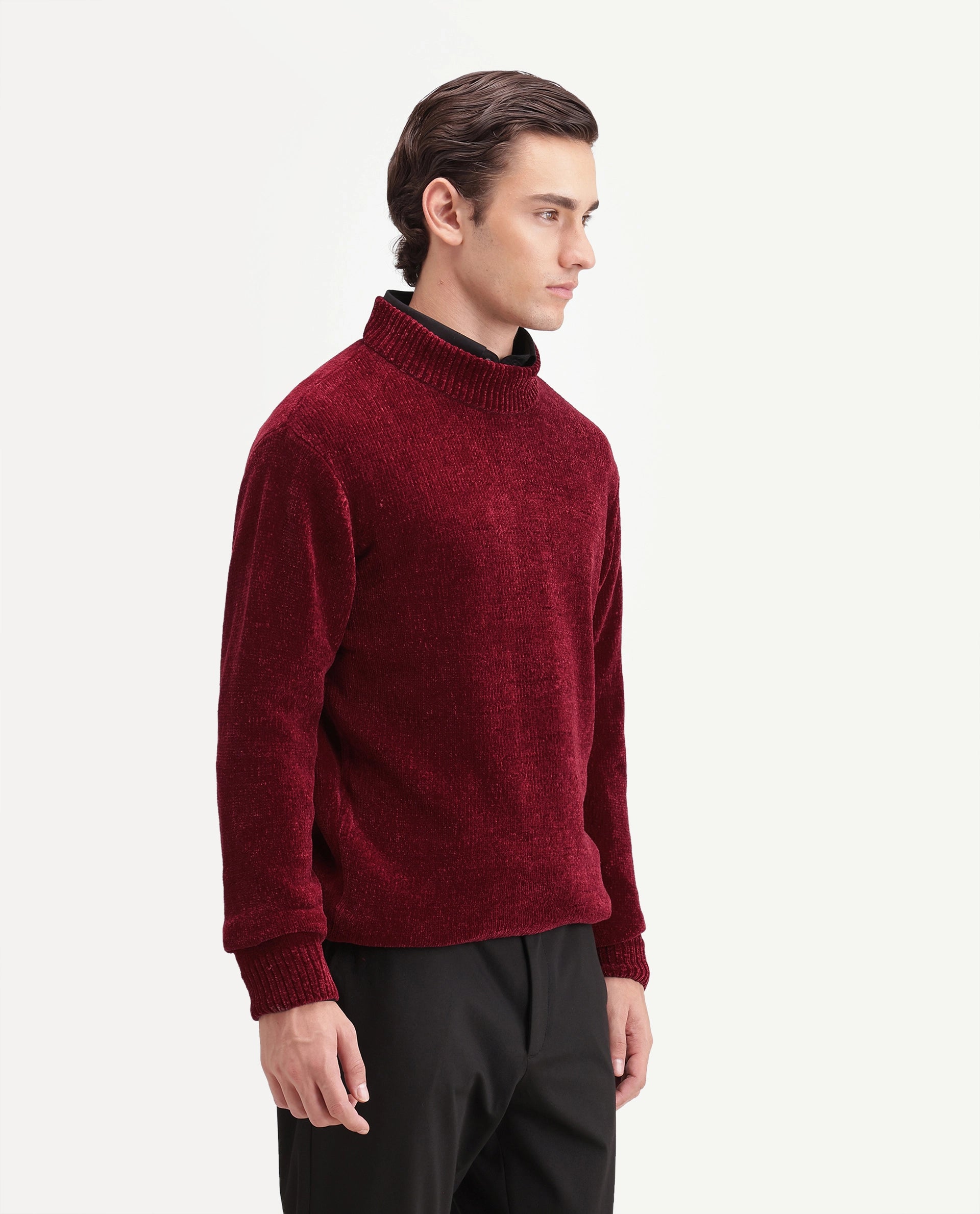 Rare Rabbit Men's Chenor Dark Red Polyester Regular Fit Plain Sweater